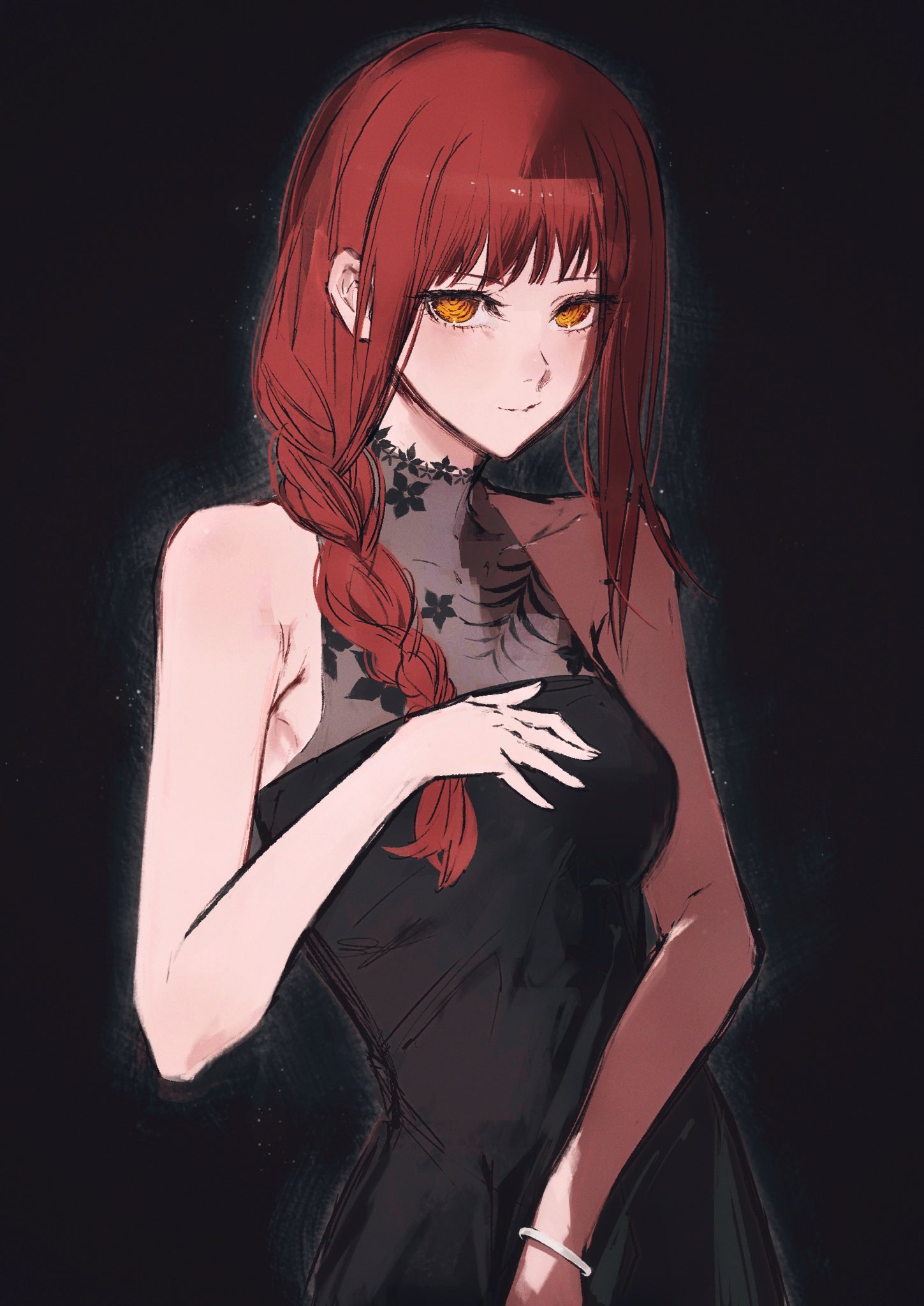 moku (muooku), makima (chainsaw man), chainsaw man, highres, 1girl, bare shoulders, black background, black dress, braid, breasts, closed mouth, dress, hair over shoulder, hand up, long hair, looking at viewer, medium breasts, red hair, side braid, single braid, smile, solo, upper body, yellow eyes