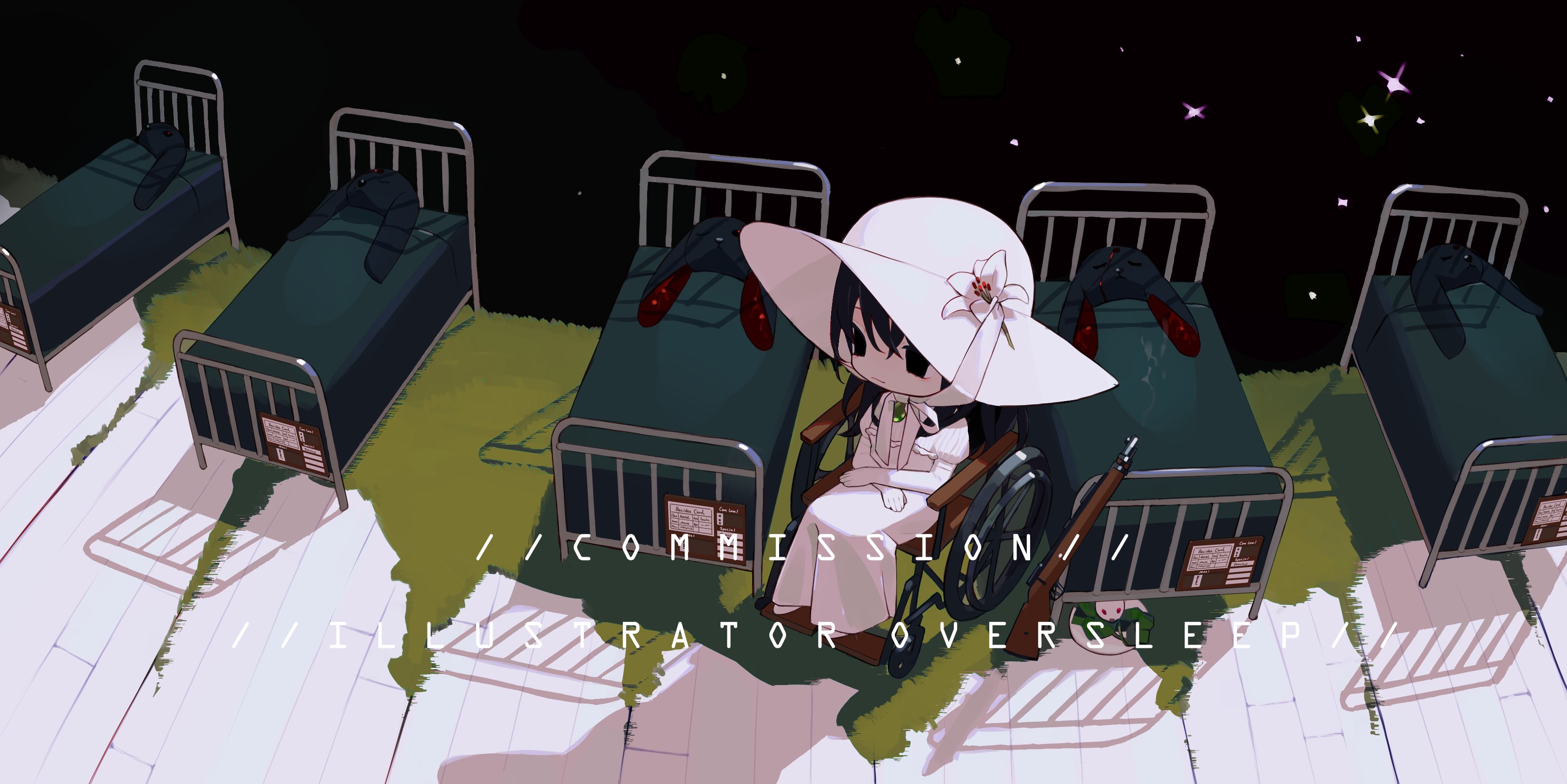 oversleep, original, absurdres, highres, 1girl, bed, black eyes, black hair, chair, chibi, chibi only, dress, english text, flower, grass, gun, hair between eyes, hat, hat flower, hospital bed, long dress, long hair, rifle, shadow, sitting, sun hat, weapon, wheelchair, white dress, white flower, white hat, wide shot