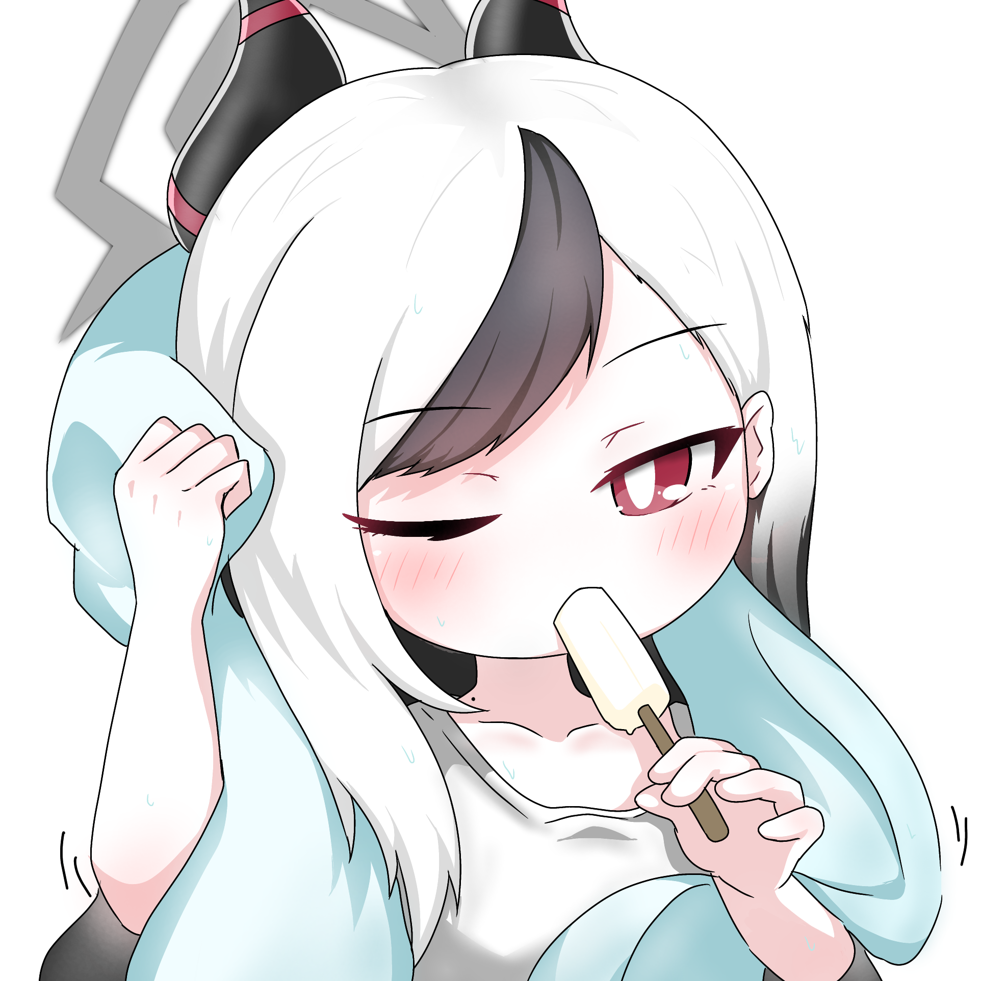 tomimon, kayoko (blue archive), blue archive, commentary request, highres, 1girl, arm up, black hair, blush, collarbone, food, halo, holding, holding food, horns, multicolored hair, one eye closed, popsicle, red eyes, shirt, simple background, solo, towel, towel around neck, two-tone hair, upper body, white background, white hair, white shirt
