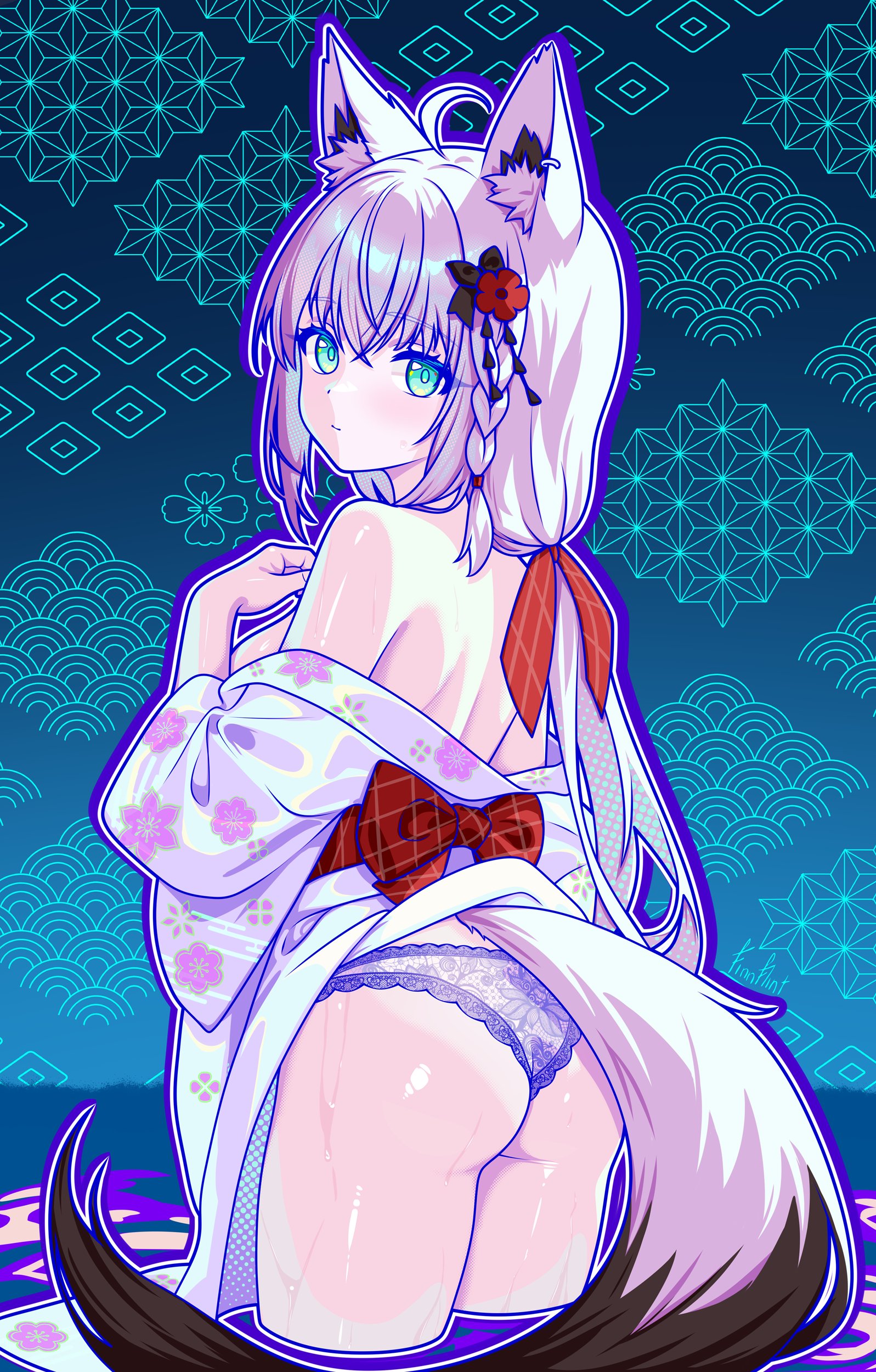 finn flint, shirakami fubuki, hololive, absurdres, highres, 1girl, ahoge, alternate costume, animal ear fluff, animal ears, ass, back, bare legs, bare shoulders, blue background, blue panties, bow, braid, braided sidelock, breasts, cowboy shot, crossed bangs, dot nose, floral print, floral print kimono, flower, fox ears, fox girl, fox tail, from behind, green eyes, grid print, hair between eyes, hair flower, hair ornament, hair ribbon, in water, japanese clothes, kimono, lace, lace-trimmed panties, lace trim, large breasts, long hair, looking at viewer, looking back, low ponytail, median furrow, no bra, outline, panties, partially undressed, patterned background, pink flower, polka dot, ponytail, print kimono, purple outline, red bow, red ribbon, ribbon, ripples, shiny skin, sidelocks, single braid, solo, standing, tail, underwear, virtual youtuber, water, white hair