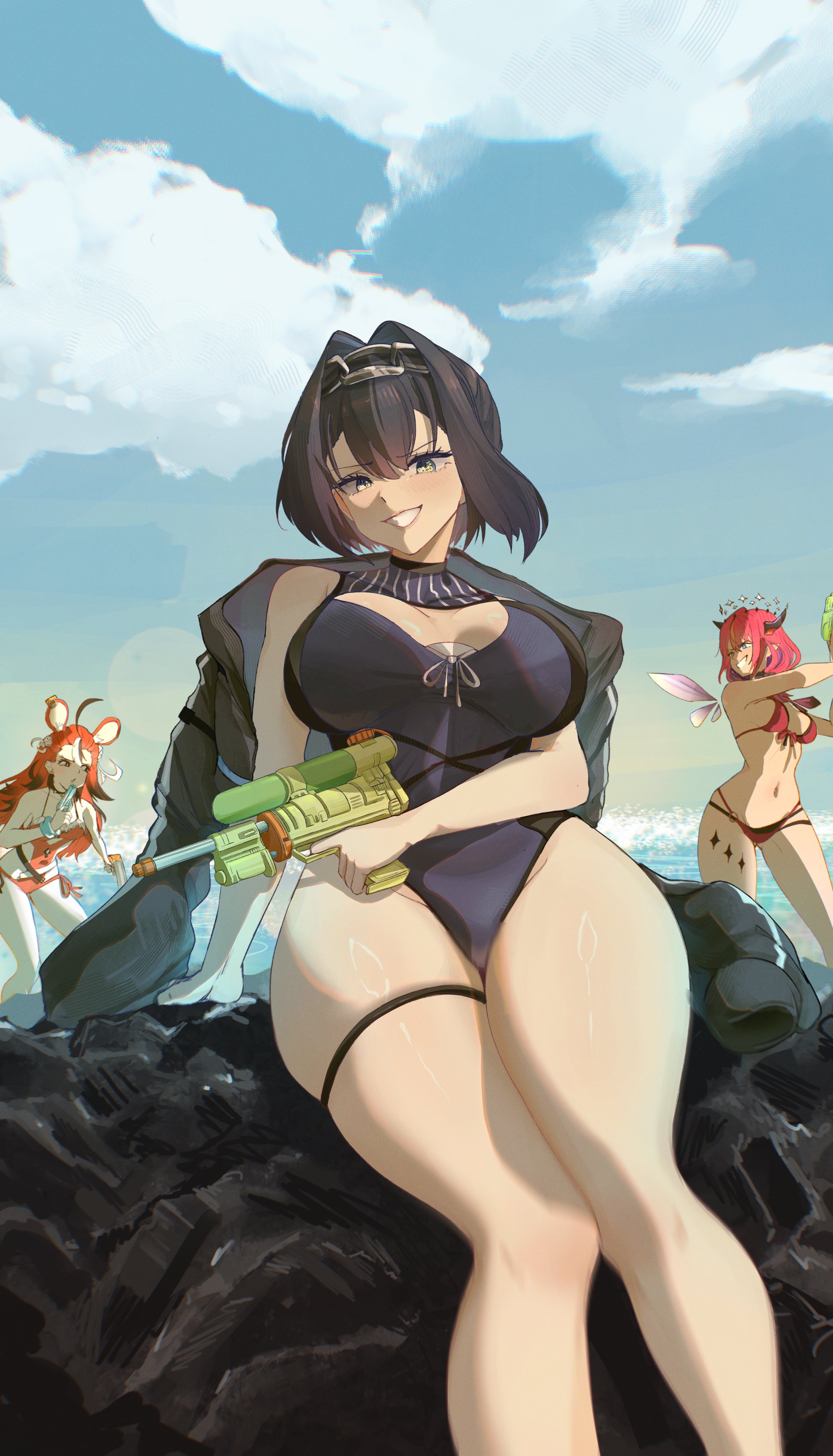 harikyon dzs, hakos baelz, hakos baelz (holonatsu paradise), irys (hololive), irys (holonatsu paradise) (hololive), ouro kronii, ouro kronii (holonatsu paradise), hololive, hololive english, holopromise, absurdres, highres, 3girls, animal ears, bikini, black bikini, black hair, black horns, black jacket, black streaks, blue one-piece swimsuit, blue sky, breasts, chain, chain headband, cleavage cutout, clothing cutout, crystal wings, double bikini, double halo, grey eyes, halo, holding, holding water gun, horns, jacket, large breasts, long hair, medium breasts, medium hair, mouse ears, mouse girl, multicolored hair, multiple girls, navel, ocean, one-piece swimsuit, outdoors, pink hair, red bikini, red hair, red one-piece swimsuit, sky, swimsuit, thigh strap, virtual youtuber, water gun, white streaks, wings