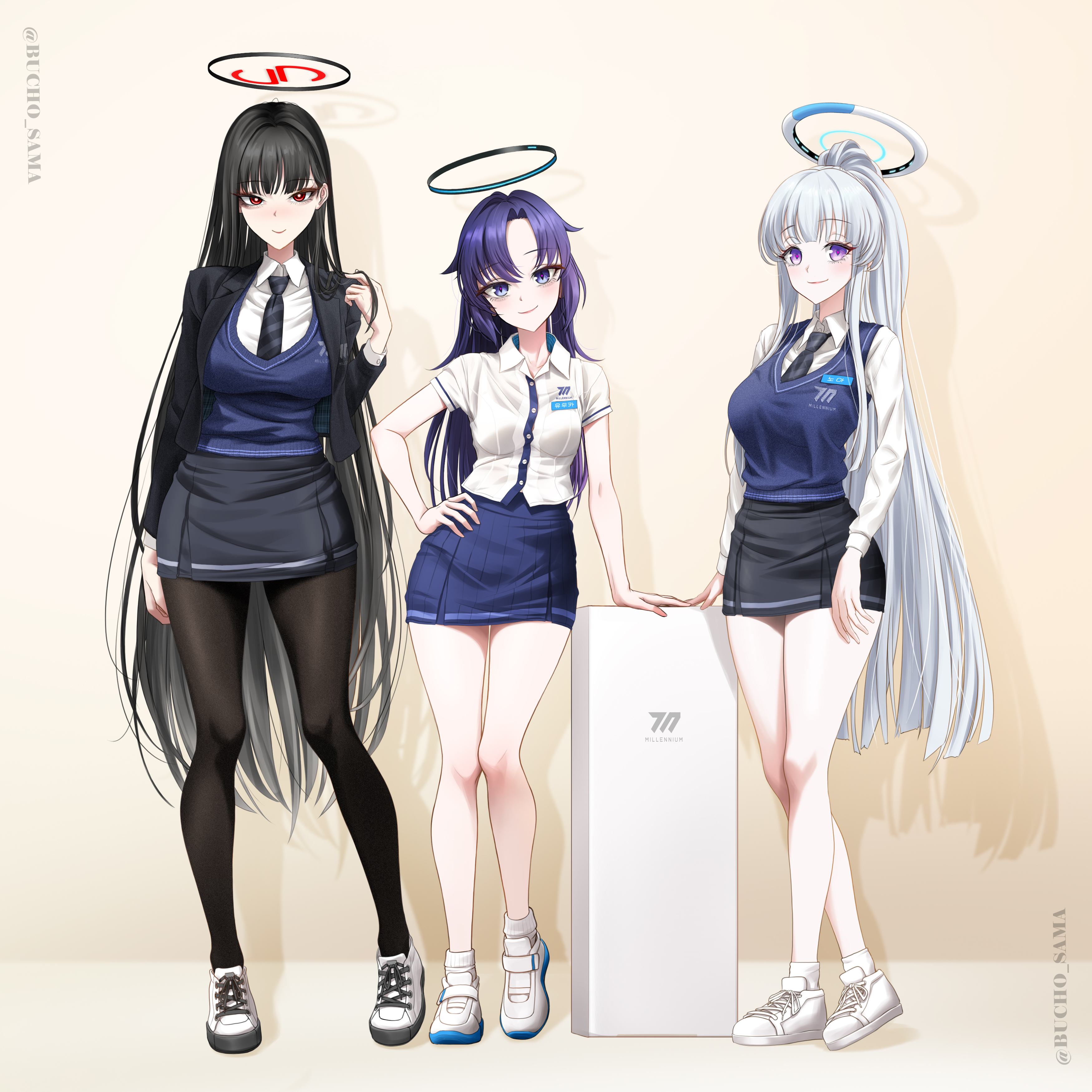 bucho sama, noa (blue archive), rio (blue archive), yuuka (blue archive), blue archive, absurdres, commentary, english commentary, highres, mixed-language commentary, 3girls, alternate costume, alternate hairstyle, black hair, black jacket, black necktie, black pantyhose, black skirt, blazer, blue skirt, blue sweater vest, blush, breasts, closed mouth, full body, halo, hand on own hip, jacket, large breasts, long hair, long legs, looking at viewer, medium breasts, multiple girls, necktie, pantyhose, pleated skirt, ponytail, purple eyes, purple hair, red eyes, school uniform, shirt, shoes, sidelocks, skirt, smile, socks, sweater vest, very long hair, white halo, white shirt, white shoes, white socks