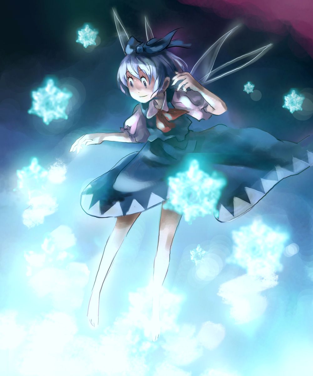watanabe minoru, cirno, perfect cherry blossom, touhou, bad id, bad pixiv id, highres, 1girl, blue hair, female focus, ice, ribbon, short hair, snowflakes, solo, wings