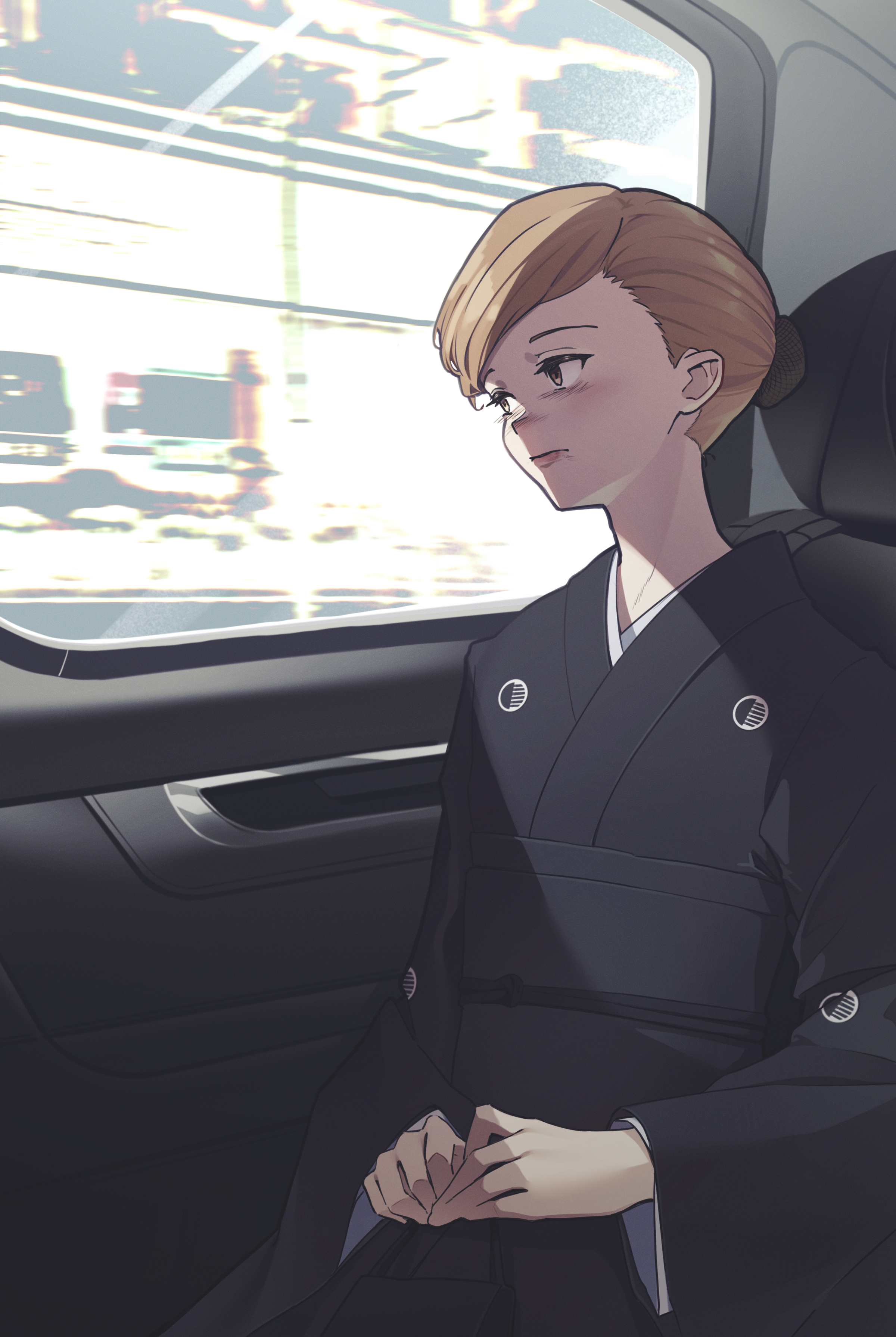 karakara (xryns01), misaka mikoto, toaru majutsu no index, toaru majutsu no index: genesis testament, absurdres, highres, 1girl, black kimono, brown eyes, brown hair, car interior, closed mouth, japanese clothes, kimono, long sleeves, short hair, sitting, solo, wide sleeves
