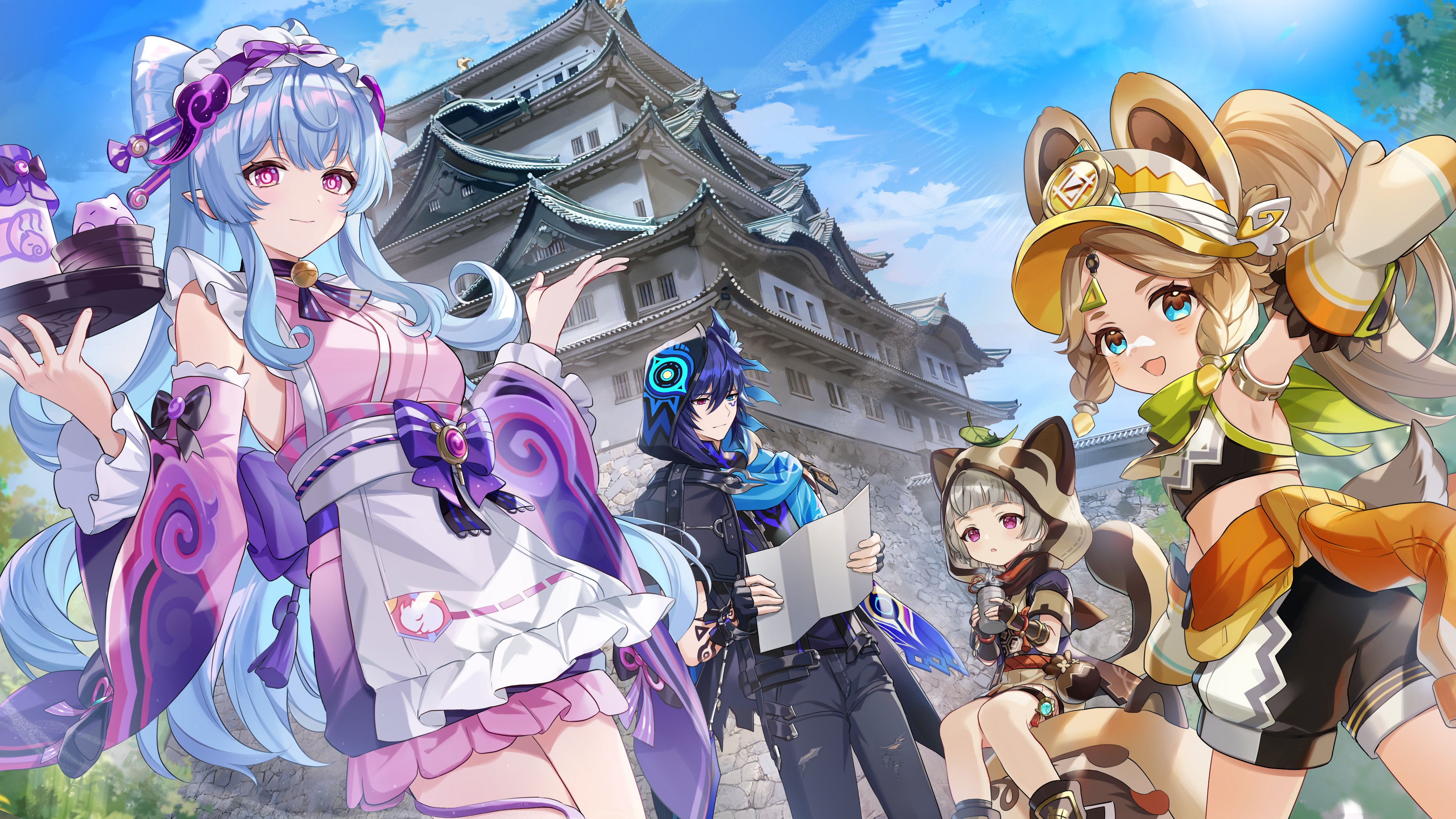 soraneko hino, kachina (genshin impact), ororon (genshin impact), sayu (genshin impact), yumemizuki mizuki, genshin impact, absurdres, highres, promotional art, second-party source, 1boy, 3girls, animal hood, apron, blue eyes, blue hair, blue sky, brown hair, closed mouth, cloud, detached sleeves, frilled hairband, frills, grey hair, hairband, hood, japanese clothes, kimono, long hair, long sleeves, looking at viewer, multiple girls, open mouth, outdoors, parted lips, pink kimono, purple eyes, sky, smile, tail, white apron, wide sleeves