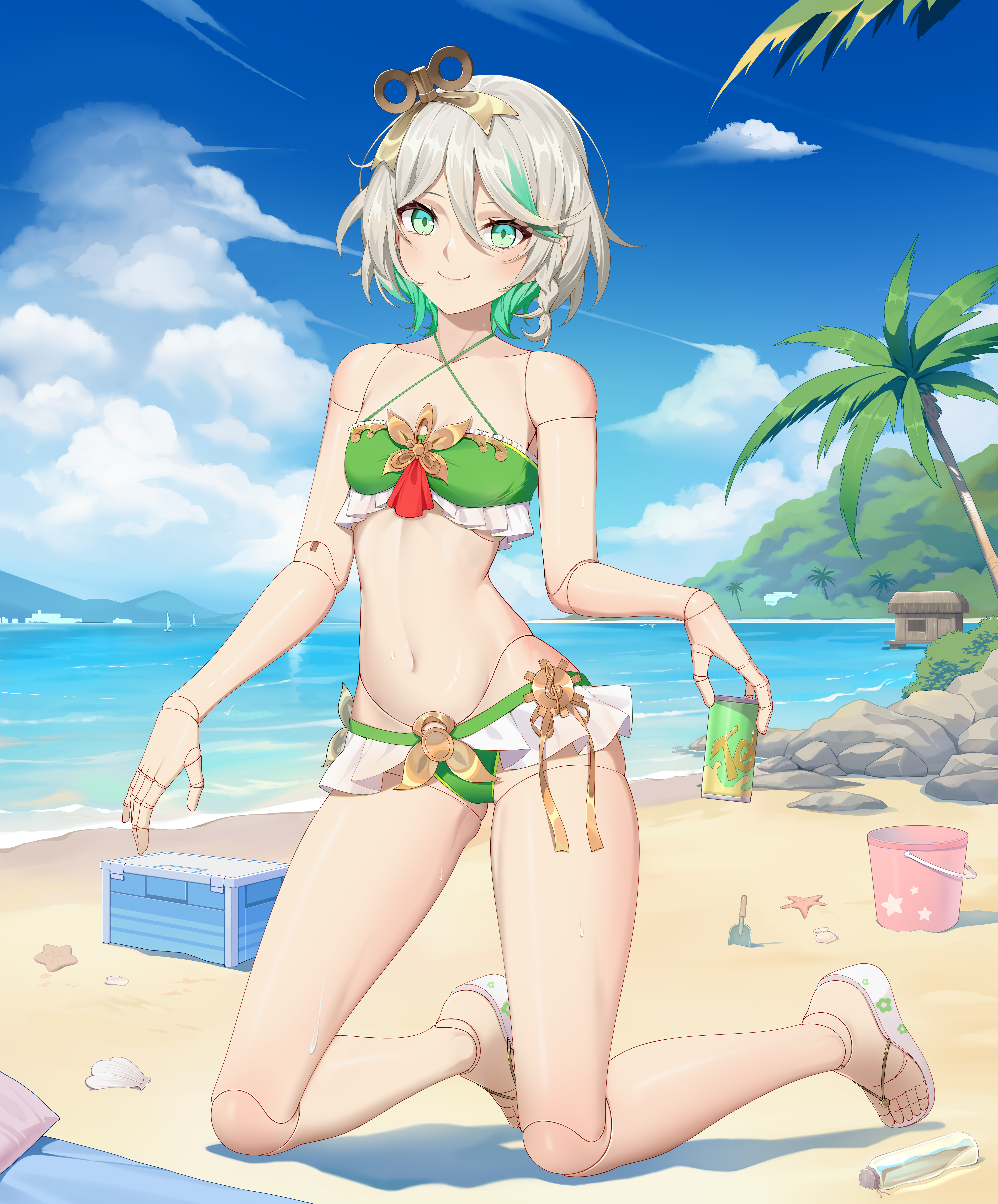 sonikey0 0, cecilia immergreen, hololive, hololive english, absurdres, highres, 1girl, alternate costume, beach, bikini, blue sky, braid, breasts, bucket, building, can, closed mouth, cloud, colored inner hair, cumulonimbus cloud, doll joints, flip-flops, full body, green bikini, holding, holding can, joints, kneeling, looking at viewer, multicolored hair, navel, ocean, palm tree, sand, sandals, single braid, sky, small breasts, smile, solo, swimsuit, tree, virtual youtuber, winding key