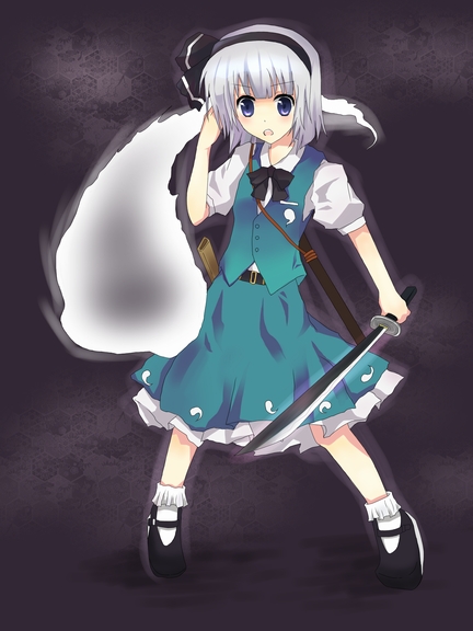 hane riu, konpaku youmu, konpaku youmu (ghost), touhou, silver hair, bad id, bad pixiv id, 1girl, female focus, ghost, hairband, hitodama, katana, ribbon, school uniform, serafuku, short hair, solo, sword, weapon