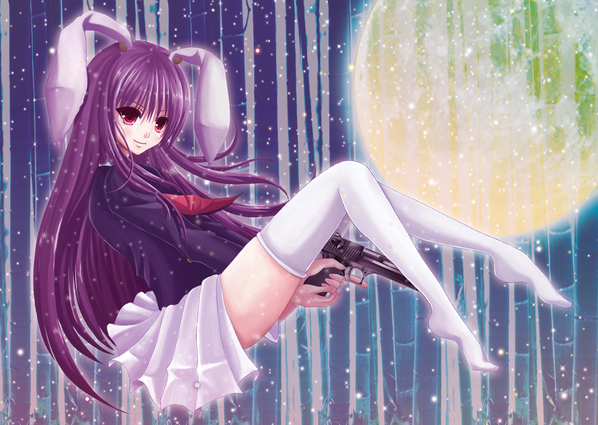 nonoko, yuuka nonoko, reisen udongein inaba, touhou, bad id, bad pixiv id, 1girl, animal ears, desert eagle, female focus, gun, handgun, long hair, moon, pistol, purple hair, rabbit ears, skirt, solo, thighhighs, trigger discipline, weapon