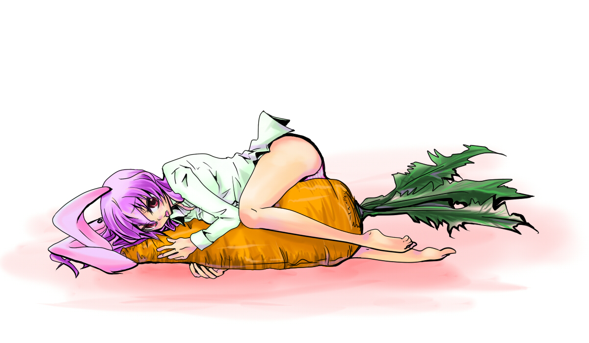 koq, reisen udongein inaba, touhou, 1girl, animal ears, carrot, female focus, long hair, panties, purple hair, rabbit ears, shirt, solo, striped clothes, striped panties, tongue, underwear