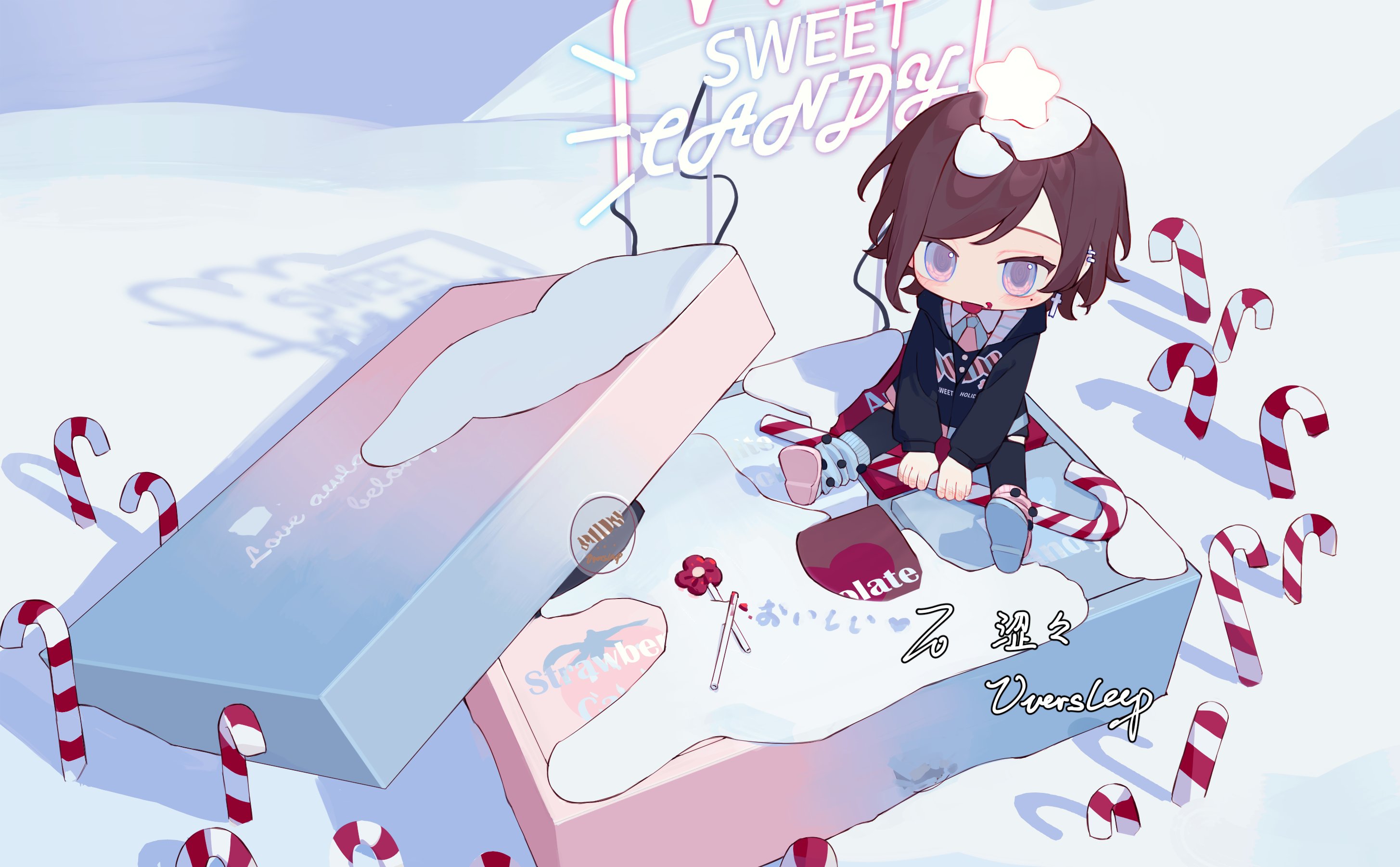 oversleep, original, highres, 1girl, box, brown hair, candy, candy cane, chibi, chibi only, english text, food, gift, gift box, jacket, long sleeves, mini person, purple eyes, shirt, short hair, sitting, skirt, snow, solo, sweater