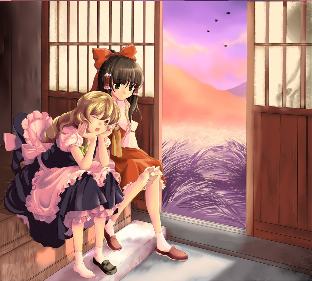 nanami sano, hakurei reimu, kirisame marisa, touhou, 2girls, bird, blonde hair, female focus, grass, hat, head rest, japanese clothes, long hair, miko, multiple girls, one eye closed, ribbon, shoes, single shoe, socks, twilight, unworn hat, unworn headwear, wink