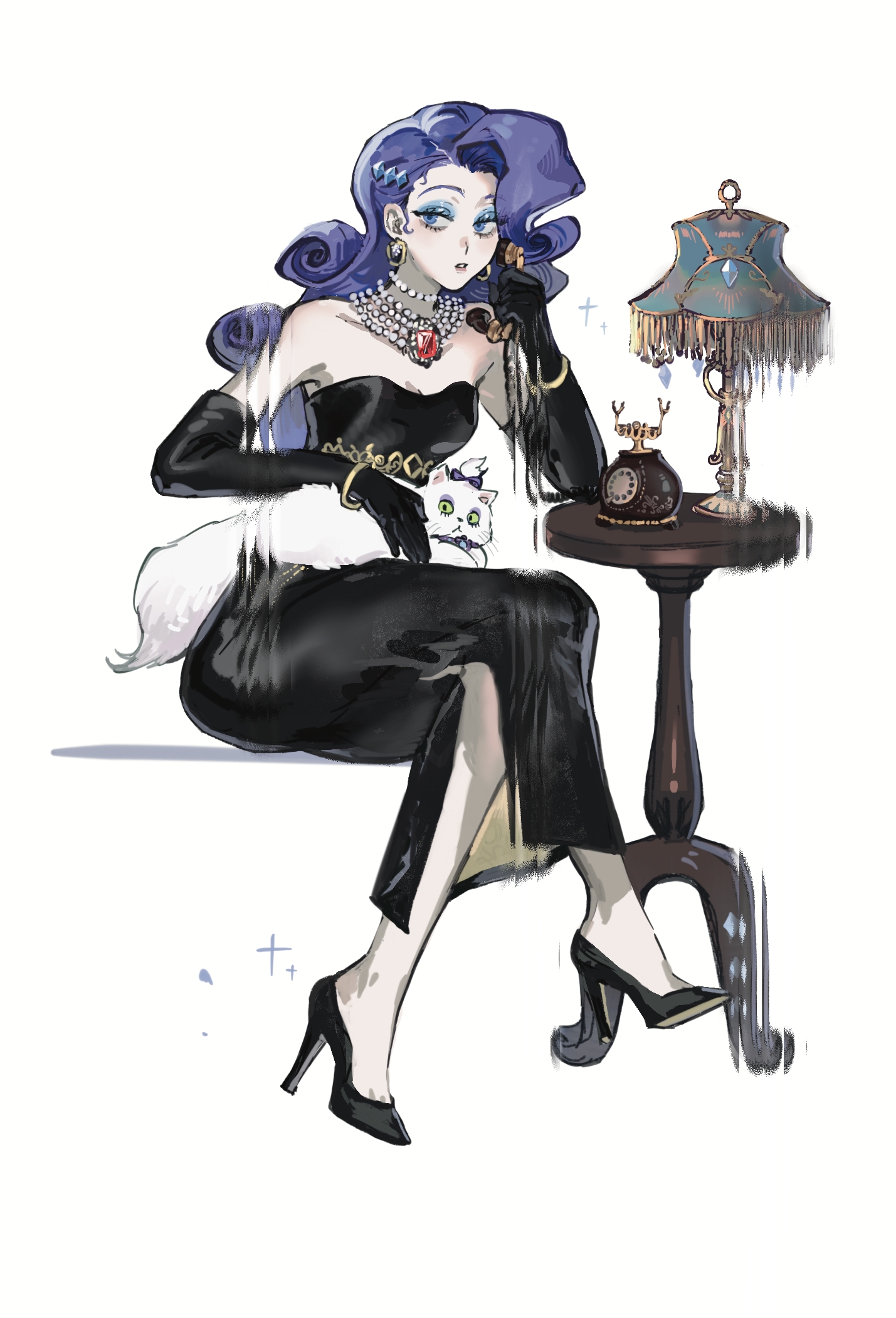 leiyezhongma1, rarity (equestria girls), rarity (my little pony), my little pony, my little pony: equestria girls, my little pony: friendship is magic, chinese commentary, commentary request, highres, 1girl, aegyo sal, animal, animal on lap, antique phone, bare shoulders, black dress, black gloves, black shoes, blue eyes, blue eyeshadow, bow, bracelet, breasts, cat, cleavage, crossed legs, curly hair, curtained hair, desk lamp, diamond hair ornament, dress, earrings, elbow gloves, elbow on table, eyeshadow, full body, gem, gloves, gold bracelet, gold earrings, high heels, holding, holding phone, invisible chair, jewelry, lamp, long dress, long hair, looking at viewer, makeup, necklace, on lap, opalescence (my little pony), pale skin, parted lips, pearl necklace, phone, purple bow, purple hair, red gemstone, shoes, side slit, simple background, sitting, small breasts, solo, sparkle, strapless, strapless dress, table, very long hair, white background, white cat