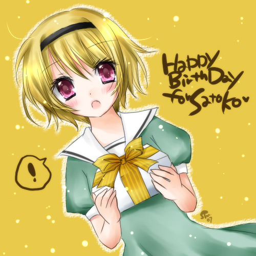 houjou satoko, higurashi no naku koro ni, lowres, 00s, 1girl, blonde hair, blush, dress, english text, female focus, gift, hairband, headband, holding, holding gift, purple eyes, short hair, solo