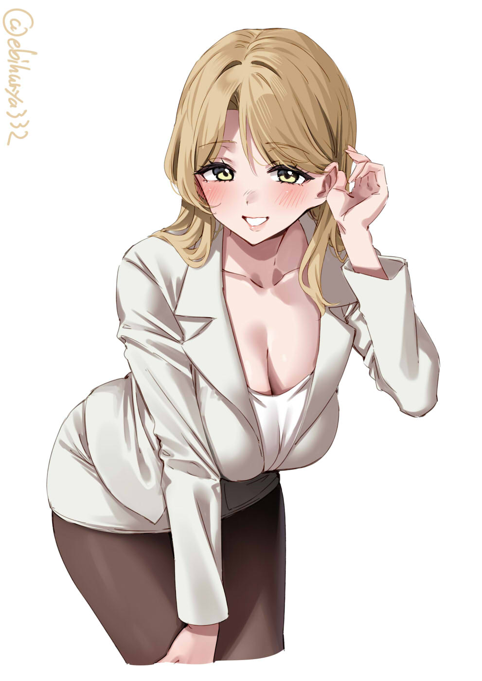 ebifurya, houston (kancolle), kantai collection, commentary request, highres, 1girl, artist name, blazer, blonde hair, blush, breasts, cleavage, collarbone, cropped legs, curtained hair, hair between eyes, hair intakes, hand up, hanging breasts, jacket, large breasts, leaning forward, long hair, long sleeves, looking at viewer, one-hour drawing challenge, pantyhose, parted bangs, pencil skirt, simple background, skirt, smile, solo, twitter username, white background