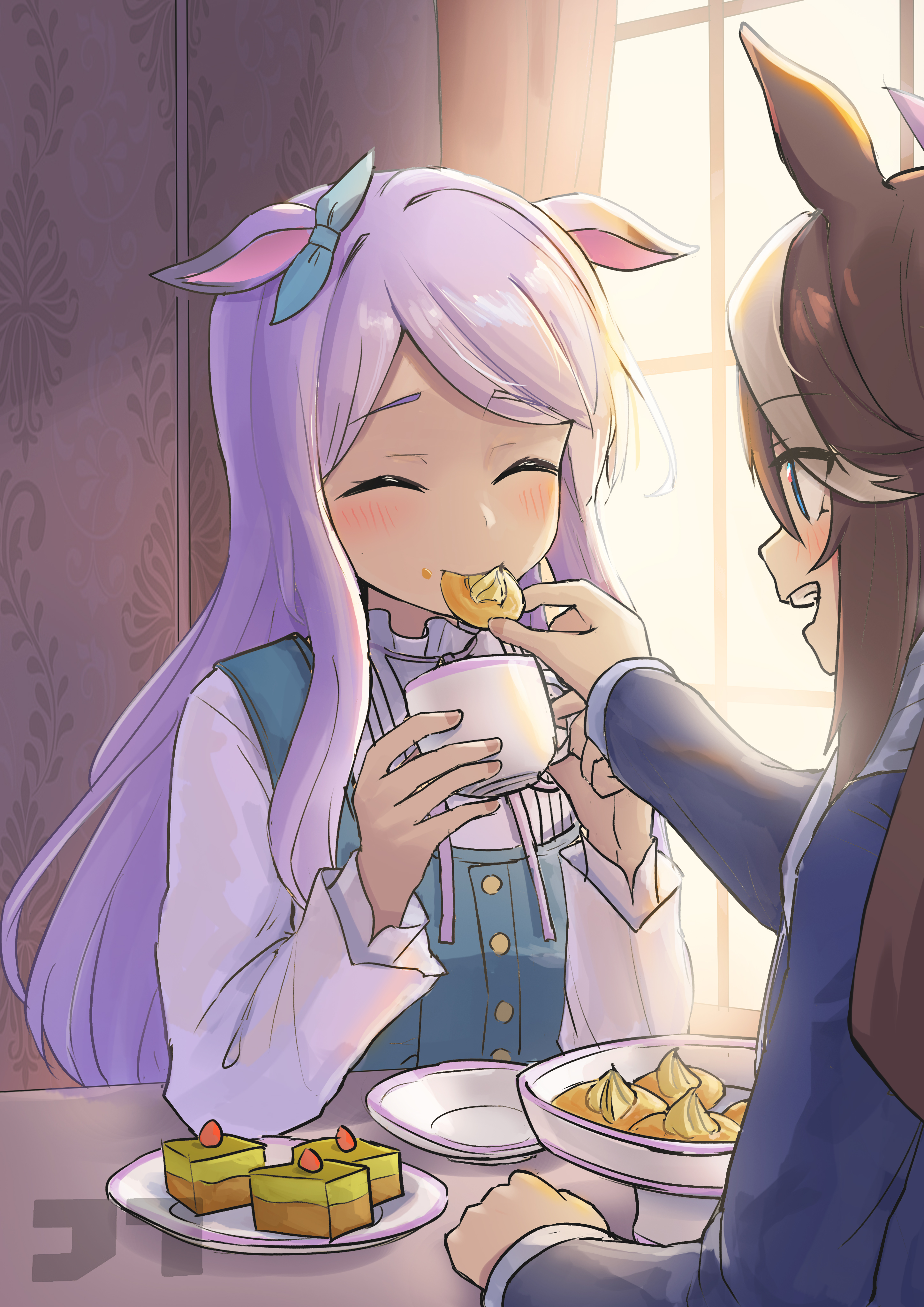 jtleeklm, mejiro mcqueen (umamusume), tokai teio (umamusume), umamusume, absurdres, commentary request, highres, 2girls, :d, ^ ^, animal ears, blue dress, blue eyes, blue jacket, blush, bow, brown hair, closed eyes, cookie, crumbs, cup, curtains, dating, dress, ear bow, eating, feeding, food, food on face, green bow, holding, holding cookie, holding cup, holding food, horse ears, horse girl, jacket, long sleeves, multiple girls, neck ribbon, open mouth, outstretched arm, plate, purple hair, purple ribbon, ribbon, shirt, smile, teacup, upper body, wagashi, white hair, white shirt, window, youkan (food), yuri