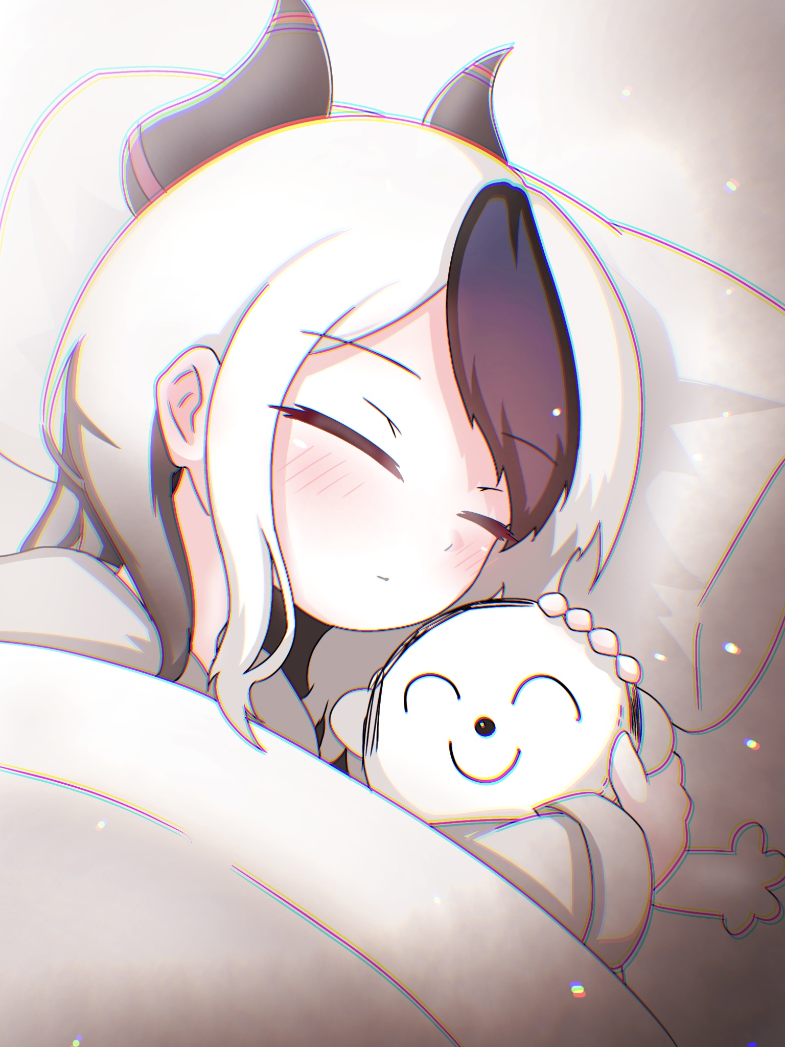 tomimon, doodle sensei (blue archive), kayoko (blue archive), sensei (blue archive), blue archive, commentary request, highres, 1girl, bed sheet, black hair, blush, character doll, closed eyes, closed mouth, doll, gradient hair, grey hoodie, hood, hood down, hoodie, horns, long sleeves, lying, multicolored hair, on side, pillow, solo, two-tone hair, under covers, white hair