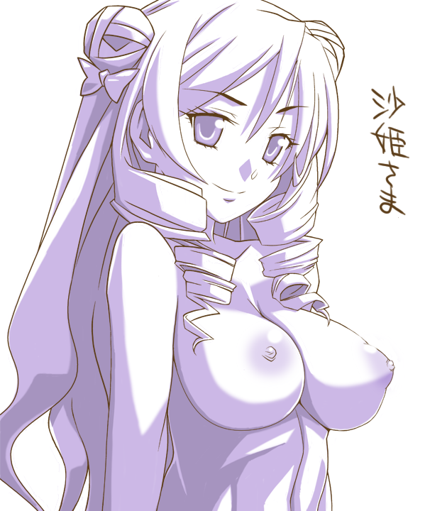 watarabe keiichi, tenjouin saki, to love-ru, translation request, 00s, 1girl, breasts, breasts out, drill hair, female focus, long hair, monochrome, nipples, nude, ribbon, simple background, smile, solo, standing, upper body