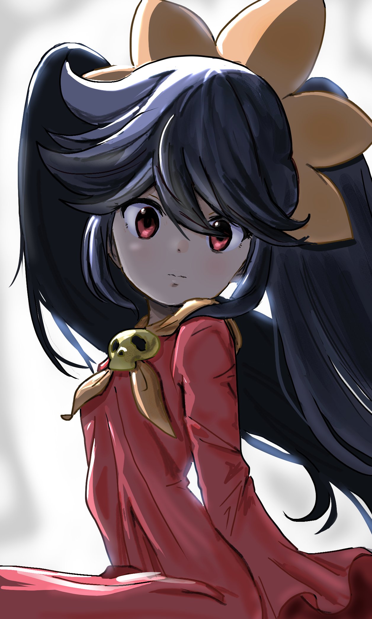 detesu, ashley (warioware), nintendo, warioware, highres, 1girl, black hair, closed mouth, dress, hair between eyes, hairband, long hair, long sleeves, looking at viewer, neckerchief, orange hairband, red dress, red eyes, skull ornament, sleeves past fingers, sleeves past wrists, solo, twintails, very long hair, white background