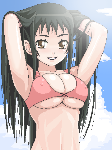 watarabe keiichi, nanto yaya, strawberry panic!, lowres, 00s, 1girl, armpits, arms up, bikini, black hair, breasts, brown eyes, cloud, day, female focus, large breasts, long hair, oekaki, pink bikini, sky, smile, solo, swimsuit, underboob