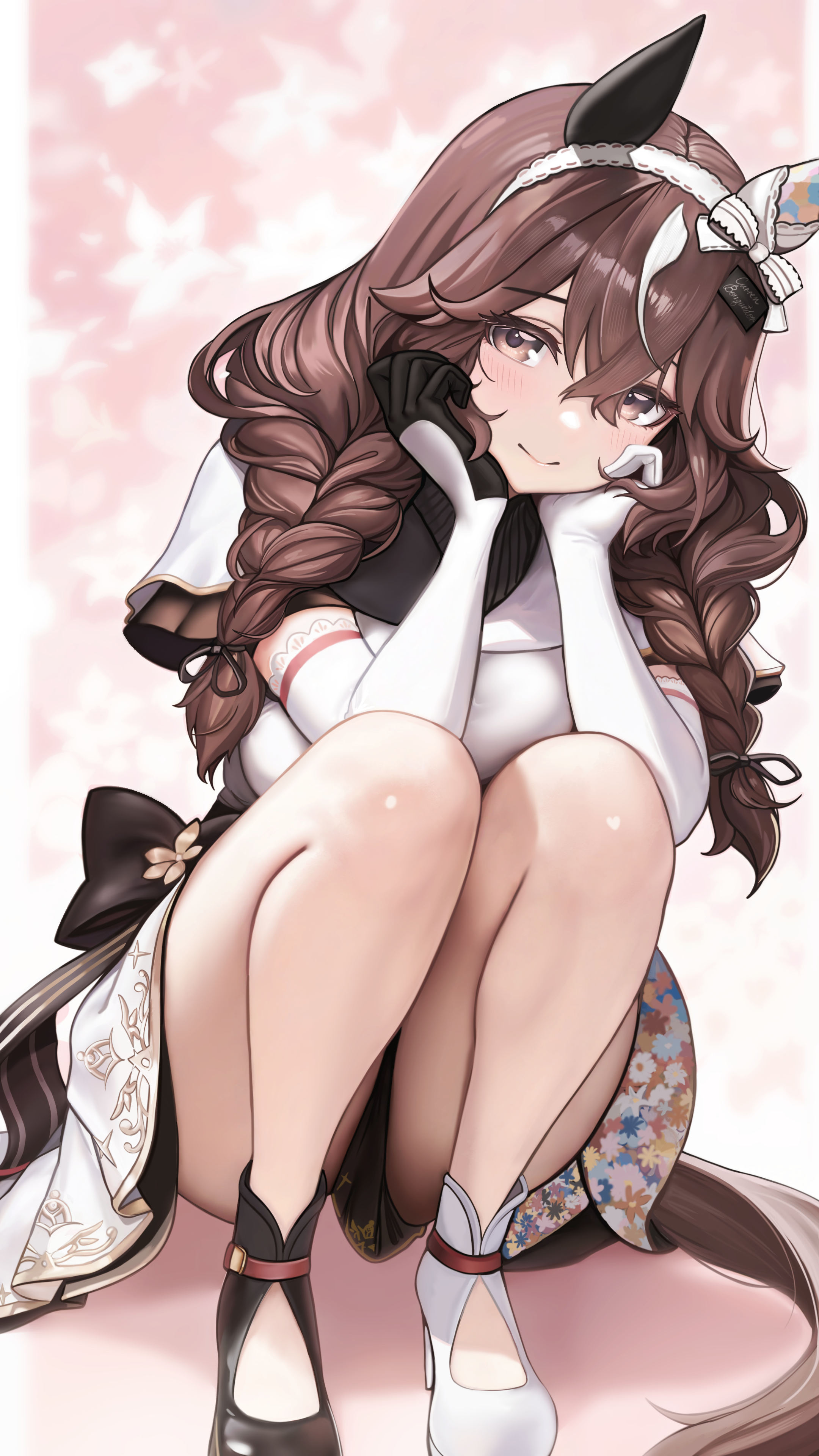 asdkd123, curren bouquetd'or (umamusume), umamusume, absurdres, highres, 1girl, animal ears, asymmetrical footwear, black gloves, black shoes, braid, brown eyes, brown hair, closed mouth, crossed bangs, dress, ear covers, floral print, gloves, hair between eyes, hair ornament, hands on own cheeks, hands on own face, horse ears, horse girl, horse tail, legs, long hair, looking at viewer, low twin braids, mismatched footwear, shoes, single ear cover, smile, solo, squatting, tail, thighs, twin braids, white dress, white gloves, white shoes