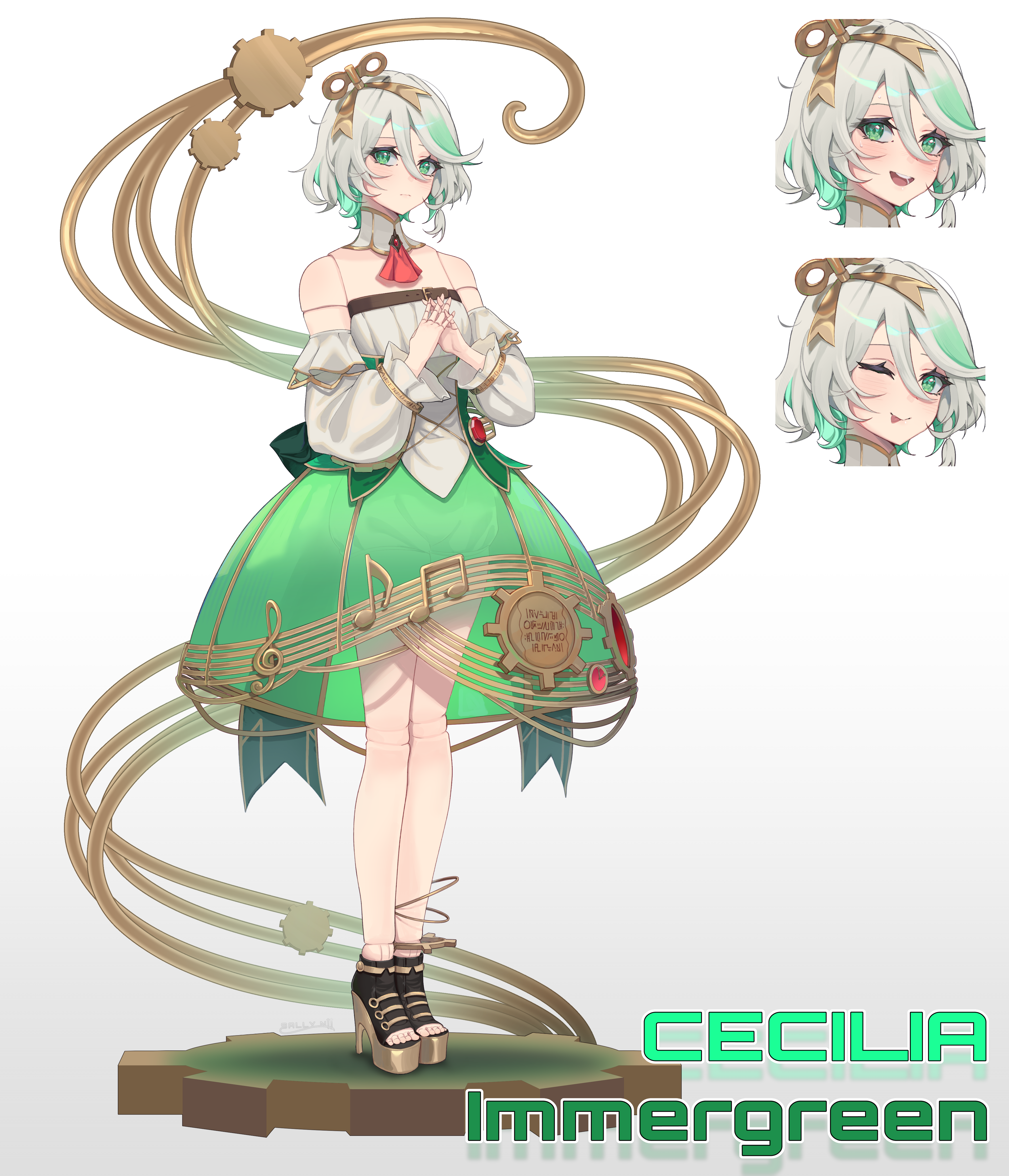 juditidelos, cecilia immergreen, cecilia immergreen (1st costume), hololive, hololive english, absurdres, highres, 1girl, ;p, ascot, character name, corset, detached collar, detached sleeves, doll joints, full body, gradient hair, green corset, green eyes, green hair, green skirt, grey hair, high heels, joints, multicolored hair, multiple views, musical note, musical note print, musical staff, musical staff print, one eye closed, own hands together, red ascot, romper, skirt, tongue, tongue out, virtual youtuber, white romper, winding key