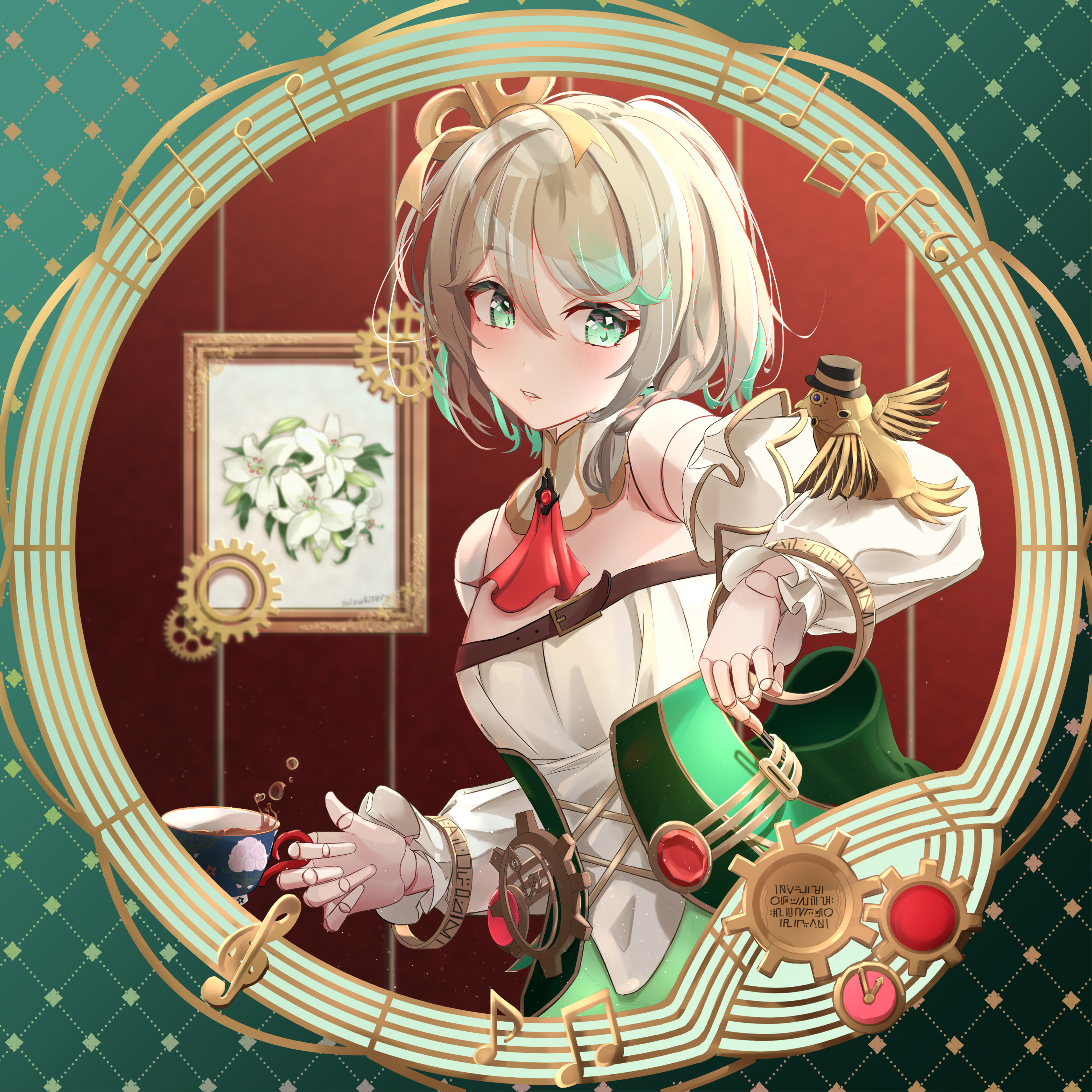 mizu kiseru, cecilia immergreen, hololive, hololive english, absurdres, highres, 1girl, ascot, corset, cup, detached collar, detached sleeves, doll joints, gears, gradient hair, green corset, green eyes, green hair, grey hair, holding, holding cup, joints, medium hair, multicolored hair, musical note, musical staff, non-humanoid robot, painting (object), parted lips, red ascot, robot, robot animal, romper, solo, teacup, virtual youtuber, white romper, winding key