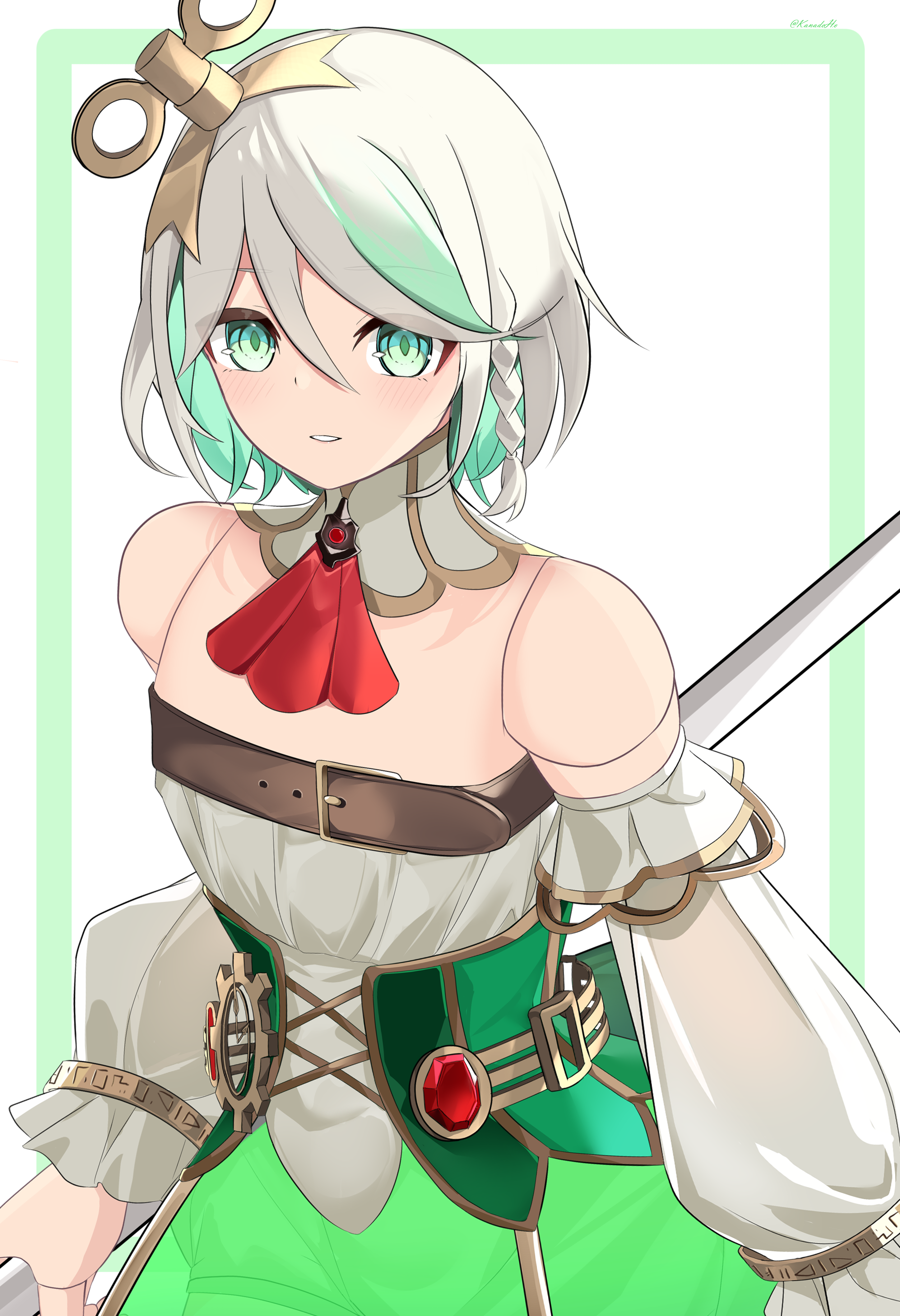kanadeho, cecilia immergreen, cecilia immergreen (1st costume), hololive, hololive english, absurdres, highres, 1girl, ascot, braid, colored inner hair, corset, detached collar, detached sleeves, doll joints, gradient hair, green corset, green eyes, green hair, green skirt, grey hair, holding, holding polearm, holding weapon, joints, looking at viewer, multicolored hair, parted lips, polearm, red ascot, romper, skirt, solo, virtual youtuber, weapon, white romper, winding key