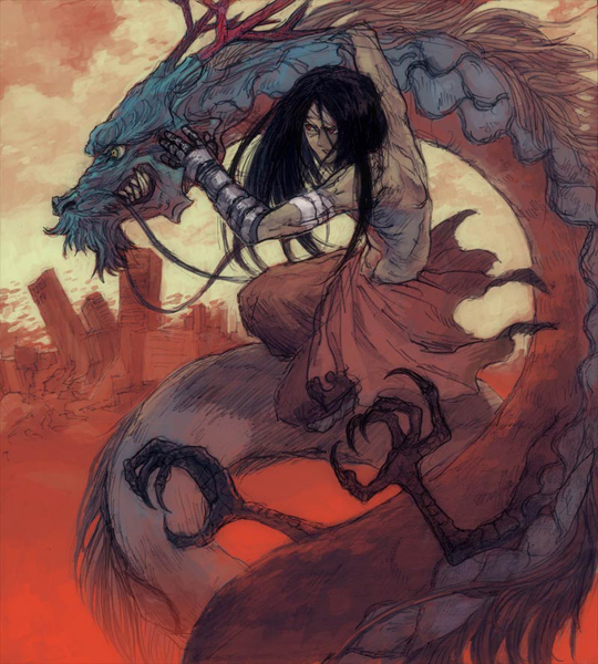 lack, original, 1boy, bandages, black hair, bracer, city, dragon, male focus, red eyes, ruins, solo, torn clothes