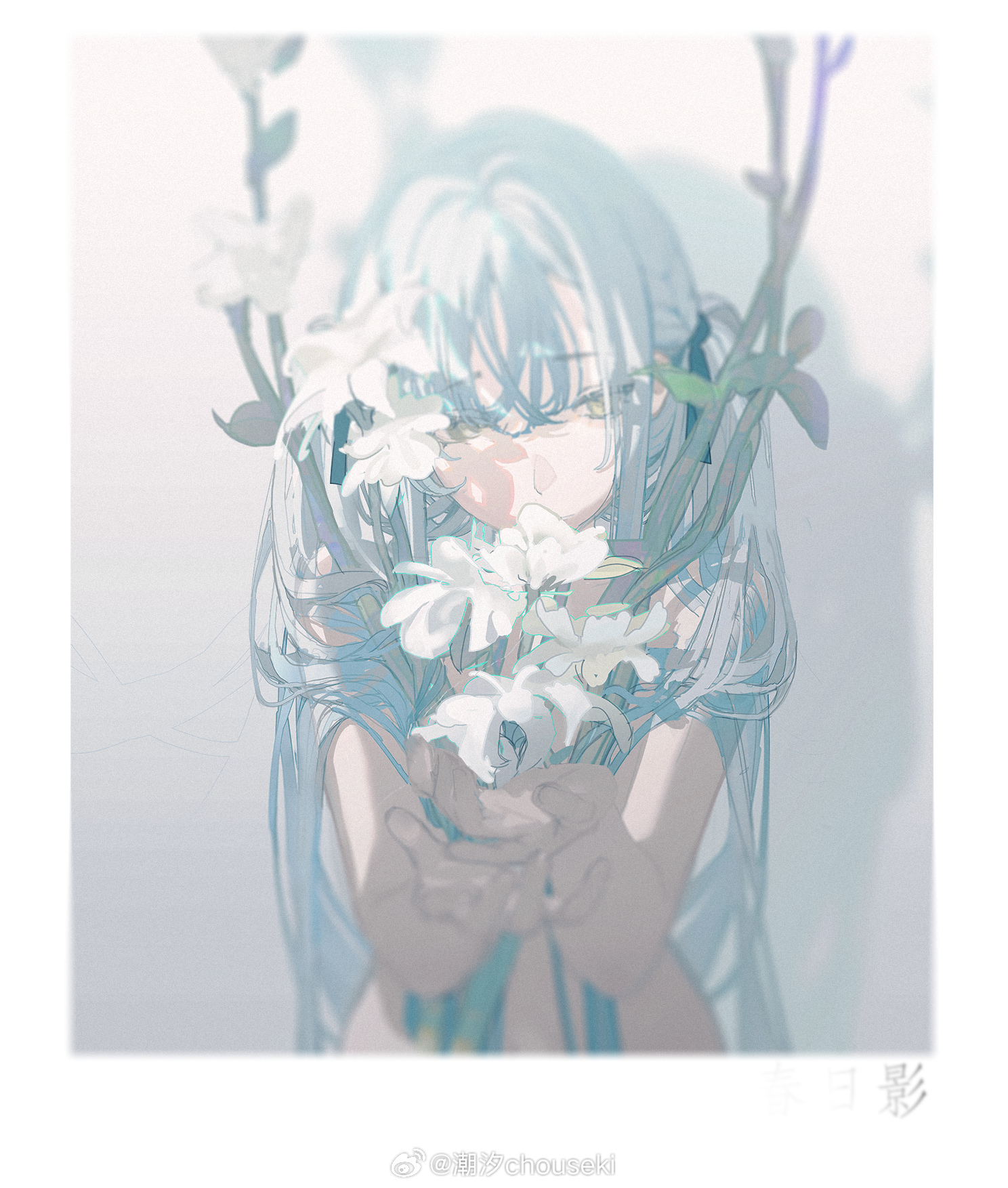 chaoxi, togawa sakiko, bang dream!, bang dream! it's mygo!!!!!, chinese commentary, commentary request, highres, 1girl, black ribbon, blue hair, border, flower, hair between eyes, hair ribbon, hands up, long hair, nude, ribbon, sidelocks, solo, two side up, upper body, watermark, weibo watermark, white border, white flower, yellow eyes