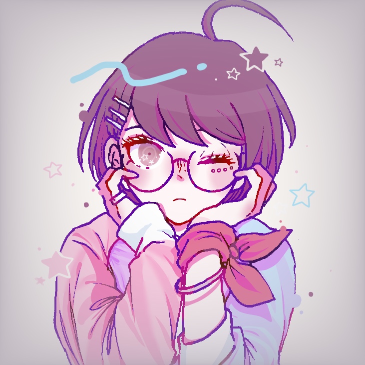 kiri (2htkz), naegi komaru, danganronpa (series), danganronpa another episode: ultra despair girls, commentary request, ahoge, alternate costume, armband, bracelet, closed mouth, eyelashes, glasses, hair ornament, hairclip, hands on own face, jewelry, one eye closed, red armband, ring, round eyewear, short hair, star (symbol)