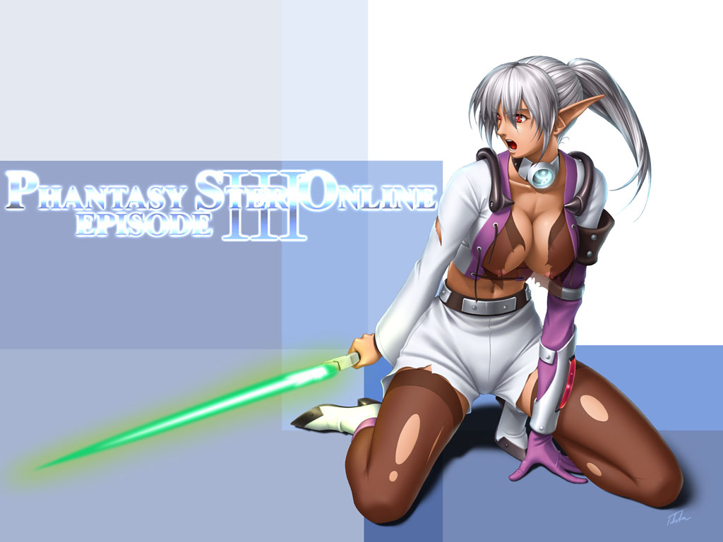 takatan, hunewearl, sil'fer, phantasy star, phantasy star online, sega, silver hair, torn legwear, 1girl, angry, arm support, belt, breasts, choker, copyright name, crop top, dark-skinned female, dark skin, elbow gloves, energy sword, gloves, high heels, kneeling, large breasts, long hair, long sleeves, midriff, navel, no bra, open mouth, pointy ears, ponytail, red eyes, shoes, shorts, single elbow glove, single glove, sword, thighhighs, torn clothes, weapon
