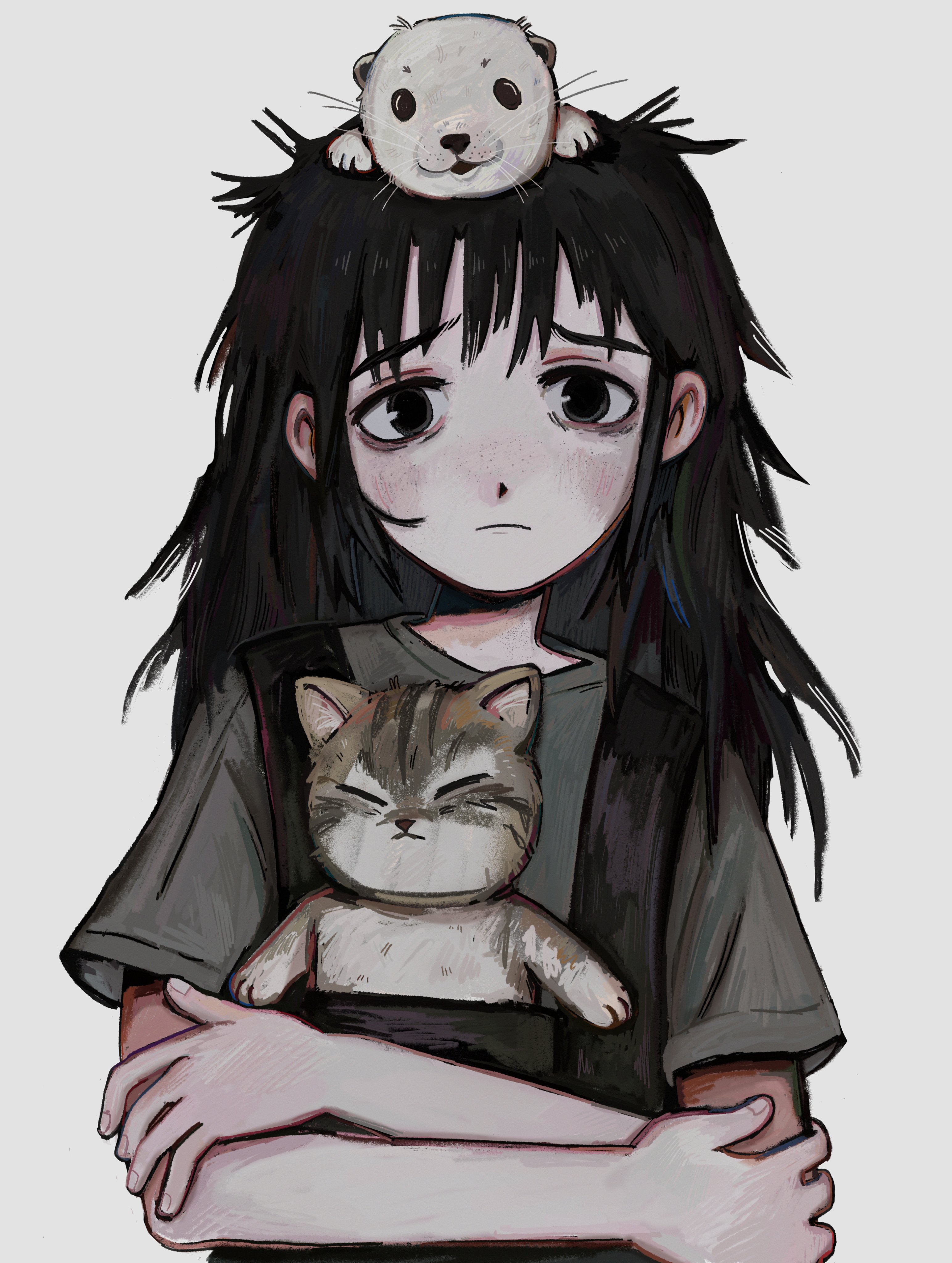 fffkorobka, original, absurdres, commentary, commission, english commentary, highres, 1girl, animal, animal on head, black eyes, black hair, cat, crossed arms, frown, long hair, looking at viewer, on head, otter, overalls, short sleeves, solo, upper body