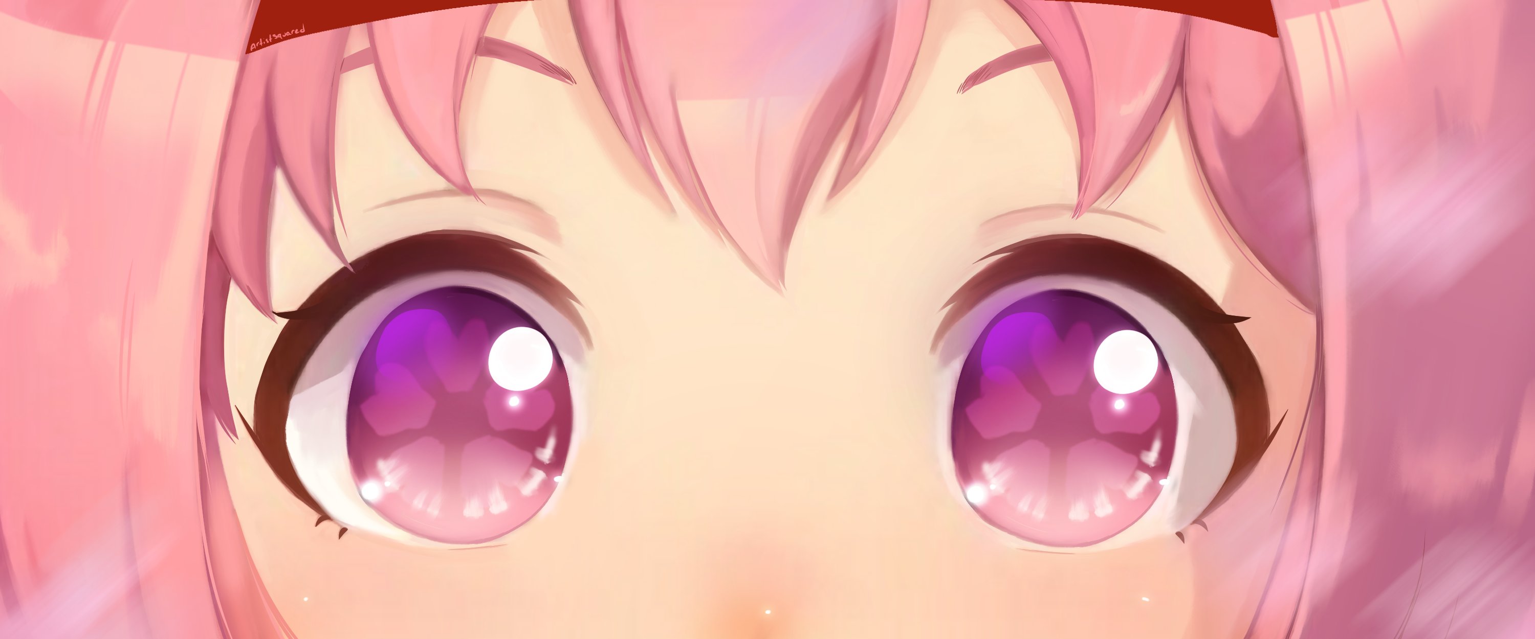 artistsquared, haru urara (umamusume), umamusume, highres, 1girl, eye focus, flower-shaped pupils, flower in eye, hairband, headband, horse girl, looking at viewer, pink eyes, pink hair, portrait, purple eyes, solo, symbol-shaped pupils, symbol in eye