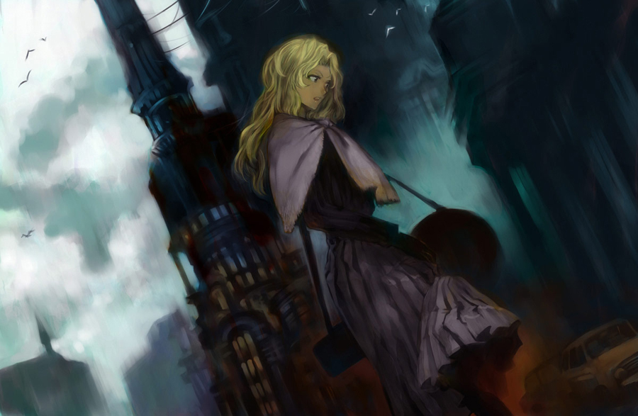 lack, 1girl, annoyed, bag, bird, blonde hair, car, card, city, cityscape, cloud, dutch angle, female focus, instrument, looking down, motor vehicle, scenery, shoulder bag, sky, solo