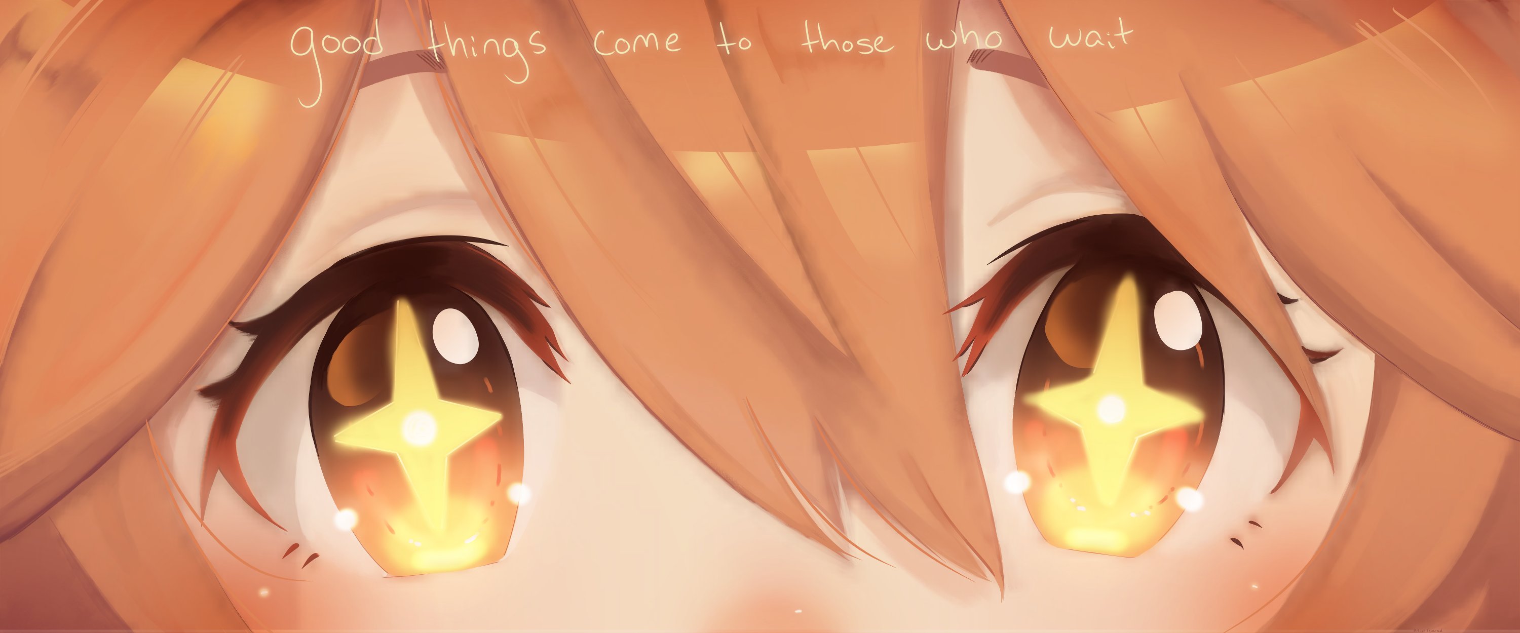 artistsquared, matikanefukukitaru (umamusume), umamusume, highres, + +, 1girl, english text, eye focus, hair between eyes, horse girl, looking at viewer, orange hair, solo, star-shaped pupils, star (symbol), symbol-shaped pupils