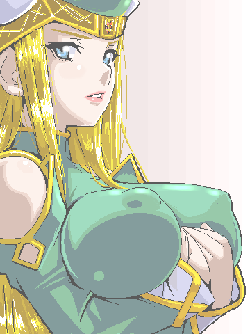 watarabe keiichi, freya (valkyrie profile), valkyrie profile (series), lowres, 1girl, blonde hair, blue eyes, breast rest, breasts, covered erect nipples, female focus, green hat, hat, huge breasts, large breasts, long hair, oekaki, puffy areolae, solo