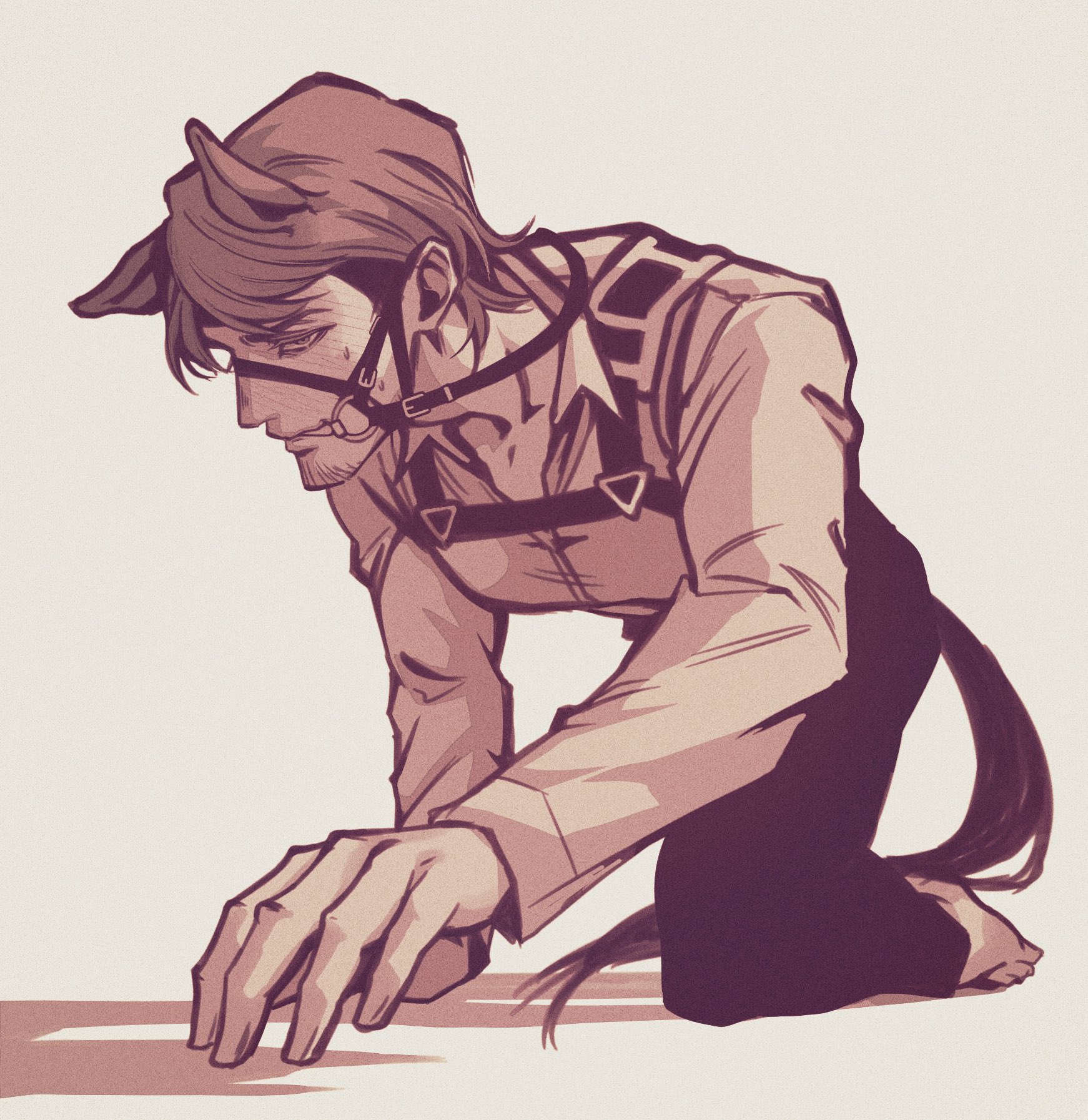 jean kirstein, shingeki no kyojin, commentary, highres, symbol-only commentary, 1boy, animal ears, barefoot, black pants, bridle, chest harness, clenched teeth, collared shirt, facial hair, fingernails, goatee, harness, horse boy, horse ears, horse tail, kemonomimi mode, kneeling, long sleeves, looking at viewer, male focus, medium hair, multicolored hair, namatya564, open collar, pants, shirt, solo, tail, teeth, two-tone hair, wing collar