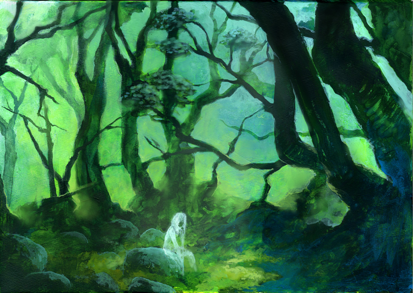 lack, original, 1girl, female focus, forest, ghost, green theme, nature, scenery, solo, tree