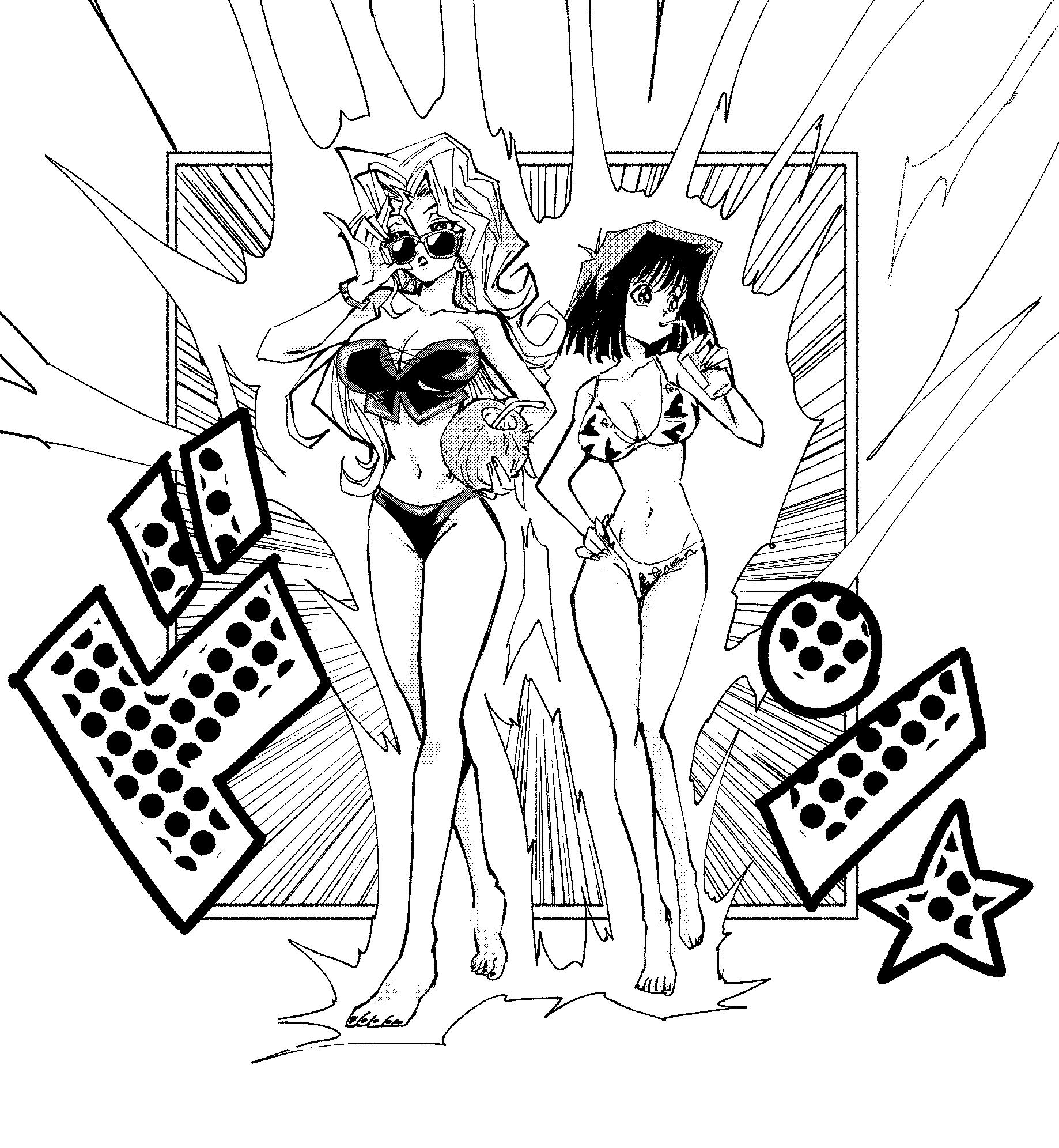 fenyon, kujaku mai, mazaki anzu, yu-gi-oh!, yu-gi-oh! duel monsters, highres, bikini, blonde hair, breasts, brown hair, cleavage, hair between eyes, large breasts, long hair, looking at viewer, multiple girls, navel, open mouth, short hair, smile, sunglasses, swimsuit