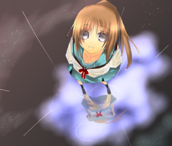 pattunn, kyonko, suzumiya haruhi no yuuutsu, 00s, 1girl, female focus, genderswap, genderswap (mtf), panties, pantyshot, ponytail, rain, school uniform, serafuku, solo, underwear