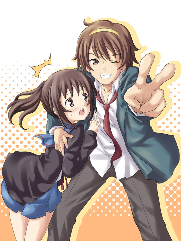 dekosuke, kyonko, suzumiya haruhi, suzumiya haruhiko, suzumiya haruhi no yuuutsu, suzumiya haruhiko no yuuutsu, 00s, 1boy, 1girl, genderswap, genderswap (ftm), genderswap (mtf), one eye closed, ponytail, school uniform, serafuku, v, wink
