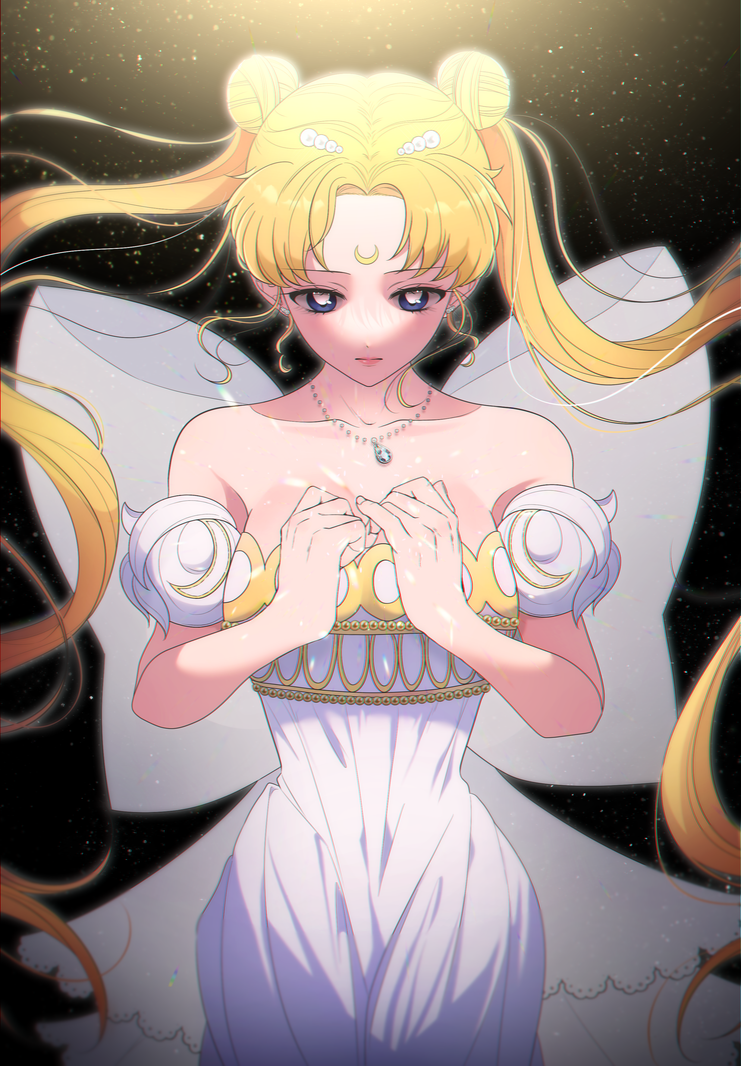 jinhongnabi, princess serenity, tsukino usagi, bishoujo senshi sailor moon, absurdres, highres, 1girl, bare shoulders, blonde hair, breasts, collarbone, crescent, crescent facial mark, double bun, dress, earrings, facial mark, forehead mark, gem, hair bun, hair ornament, jewelry, lips, long hair, maboroshi no ginzuishou, medium breasts, necklace, strapless, strapless dress, twintails, very long hair