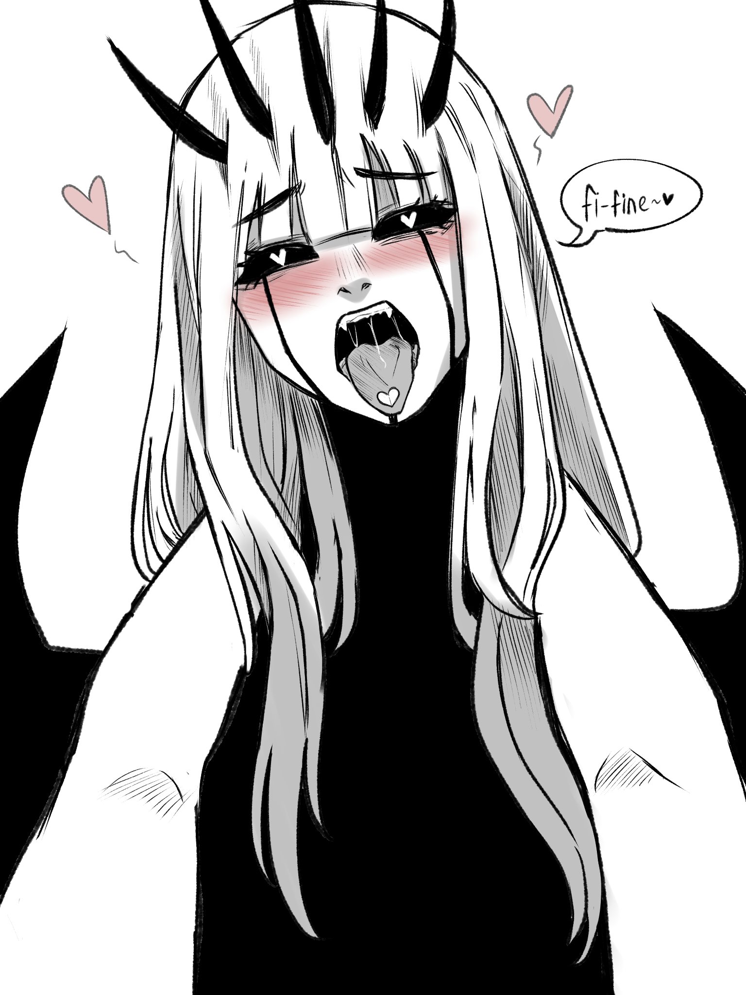 jasper xandros, mori calliope, takanashi kiara, hololive, hololive english, highres, black tiara, blunt bangs, blush, breasts, couple, english text, facial mark, female pov, heart, heart-shaped pupils, long hair, looking at viewer, monochrome, open mouth, pov, saliva, sidelocks, symbol-shaped pupils, tiara, tongue, tongue out, yuri