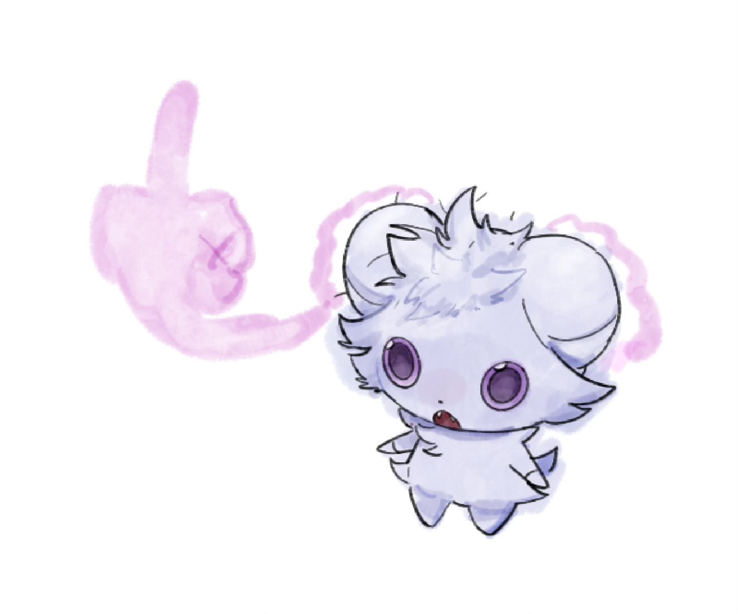 da mapm, espurr, nintendo, pokemon, commentary, symbol-only commentary, fangs, full body, gen 6 pokemon, middle finger, no humans, open mouth, pokemon (creature), purple eyes