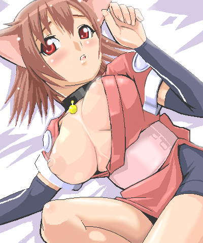 watarabe keiichi, mao (shining tears), sega, shining (series), shining tears, lowres, 1girl, animal ears, bed, blush, breast slip, breasts, brown hair, cat ears, collar, female focus, large breasts, nipples, oekaki, puffy areolae, puffy nipples, red eyes, short hair, solo