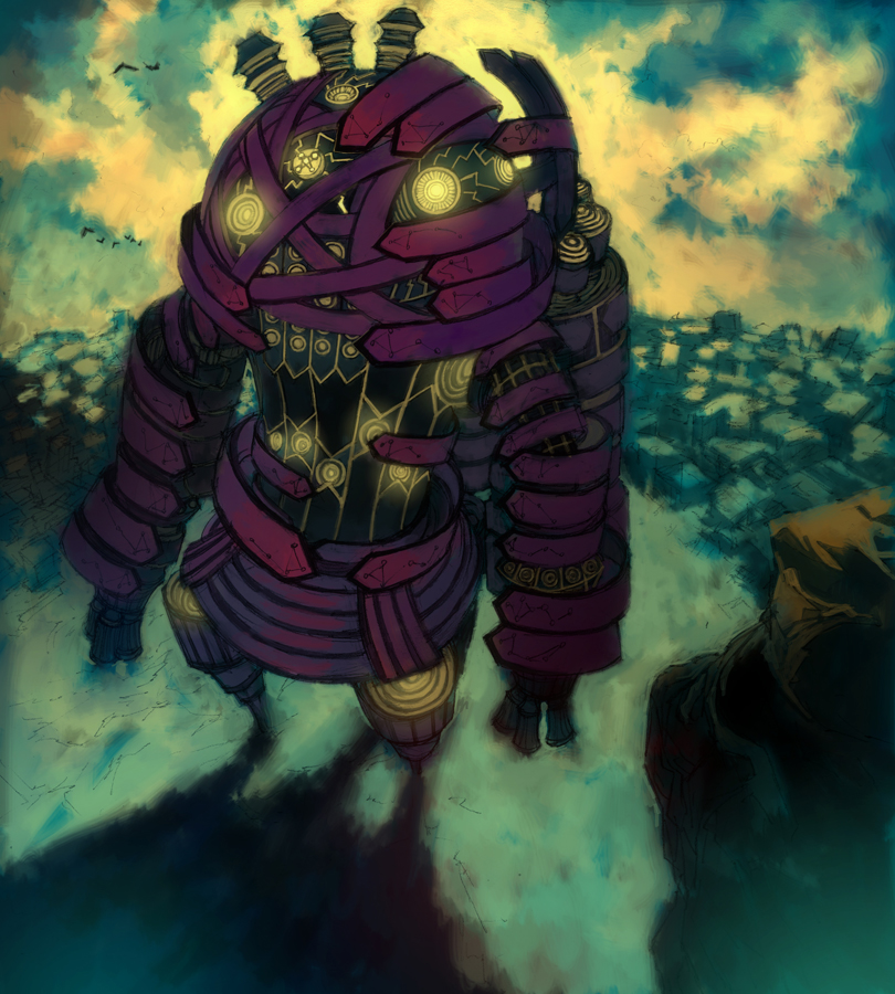 lack, ground march, bird, landscape, mecha, robot, scenery, sky