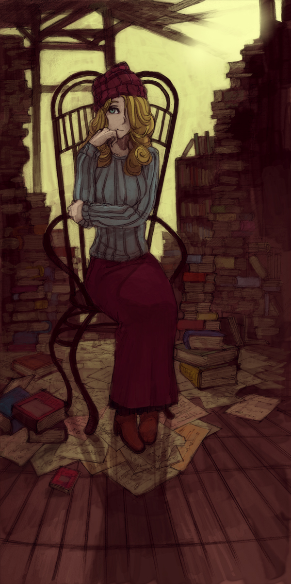 lack, light, wall, highres, 1girl, beanie, blonde hair, book, book stack, boots, building, chair, female focus, green eyes, hair over one eye, hat, head rest, long skirt, paper, ruins, sitting, skirt, smile, solo, sweater