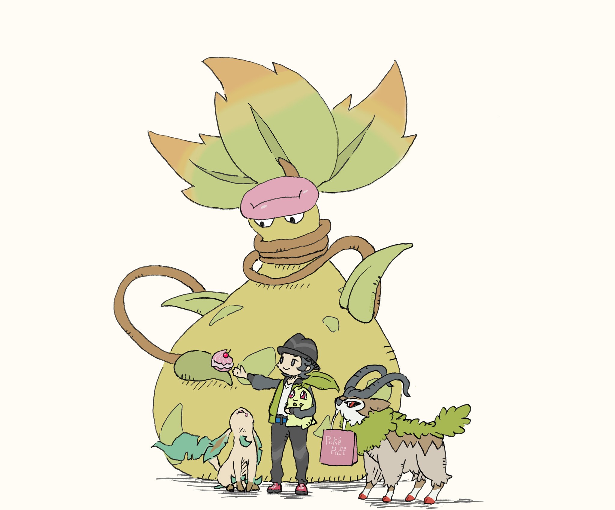 chikorita, gogoat, leafeon, mega victreebel, paxton (pokemon), victreebel, nintendo, pokemon, pokemon legends: z-a, highres, 1boy, atami tea, bag, belt, black hair, black hat, closed mouth, colored skin, food, full body, gen 1 pokemon, gen 2 pokemon, gen 4 pokemon, gen 6 pokemon, goat, green jacket, hat, holding, holding poke ball, horns, jacket, leaf, long sleeves, mega pokemon, open clothes, open jacket, pants, pastry, pink lips, plant, plant monster, poke ball, pokemon (creature), red eyes, shirt, shoes, shopping bag, short hair, smile, vines, white shirt, yellow skin