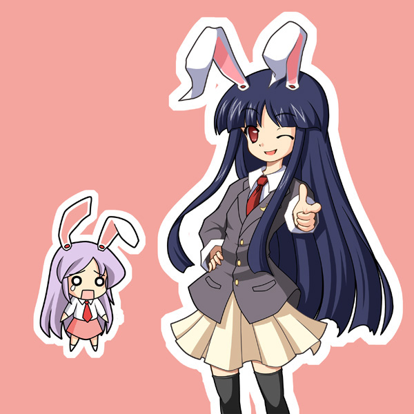tofu69, houraisan kaguya, reisen udongein inaba, touhou, bad id, bad pixiv id, 2girls, animal ears, black hair, chibi, cosplay, female focus, long hair, multiple girls, one eye closed, purple hair, rabbit ears, skirt, thighhighs, wink