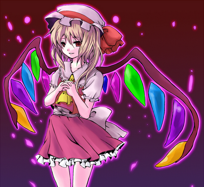 atsumi haru, flandre scarlet, touhou, 1girl, ascot, cowboy shot, female focus, gradient background, hat, interlocked fingers, miniskirt, mob cap, outline, own hands clasped, own hands together, ponytail, purple background, ribbon, short hair, skirt, solo, standing, wings, yellow ascot